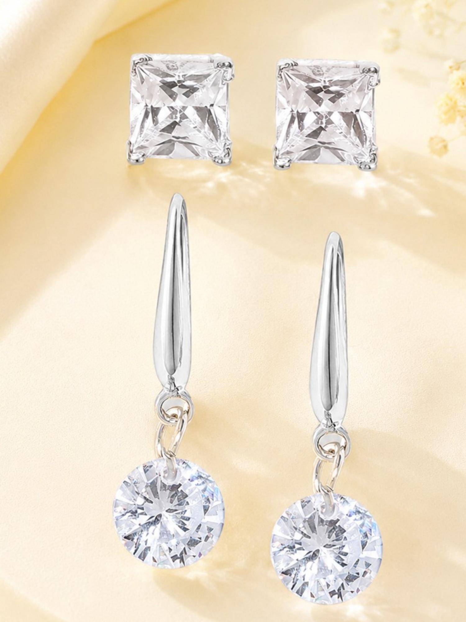 Fabula Combo of 2 Anti Tarnish Silver Cubic Zirconia Ear Stud & Drop Earrings