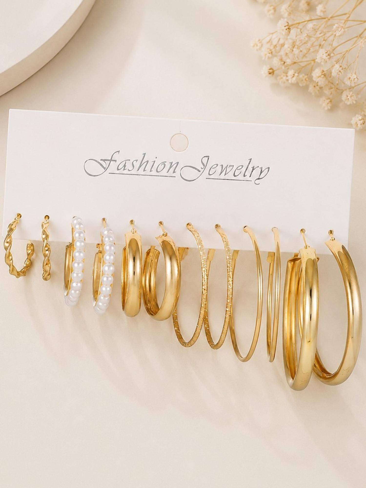 OOMPH Gold Tone Twisted and Pearls Earrings (Pack Of 6)