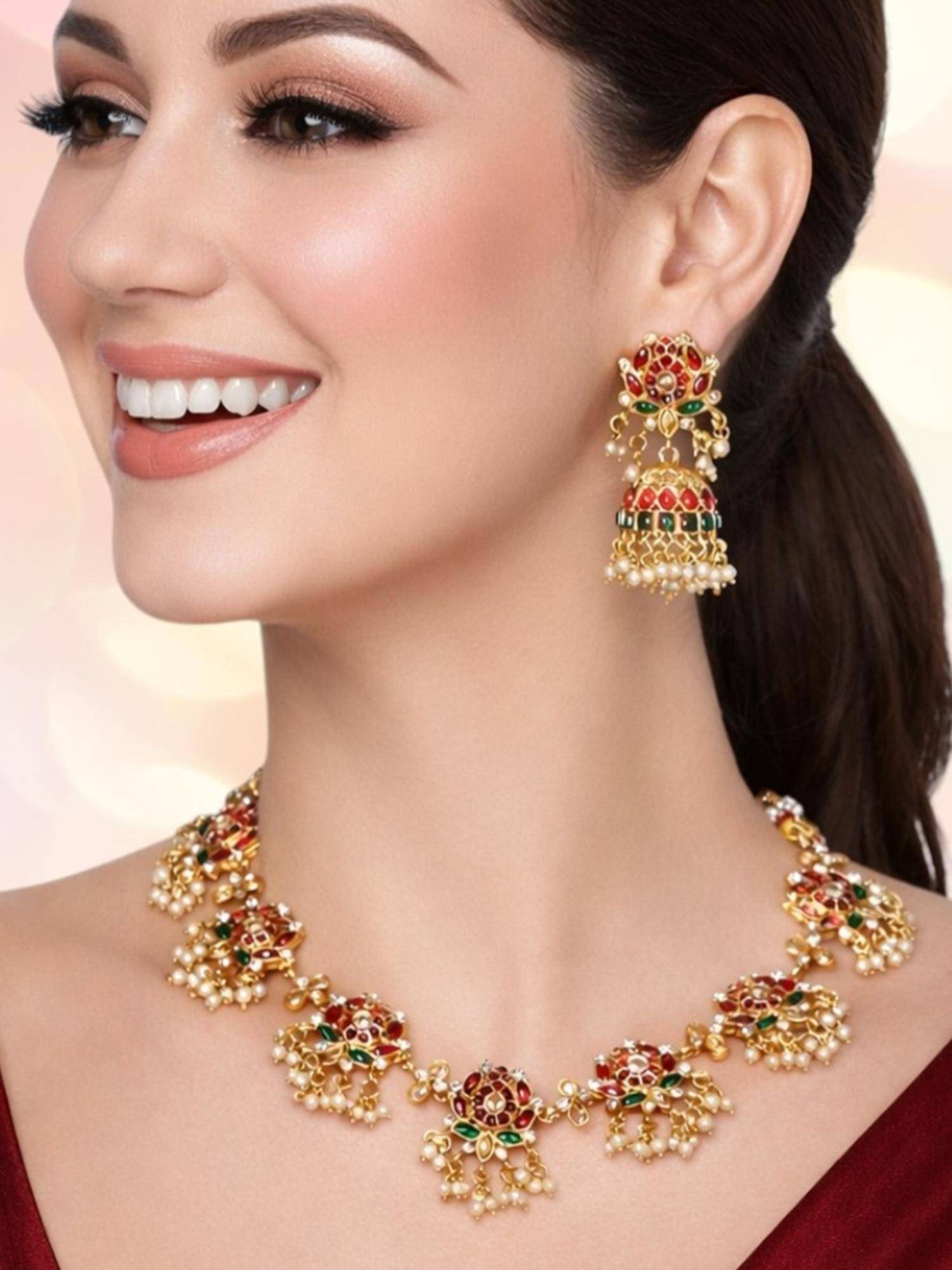 Fabula Pink Lotus Kempu Stones Jewellery Set
