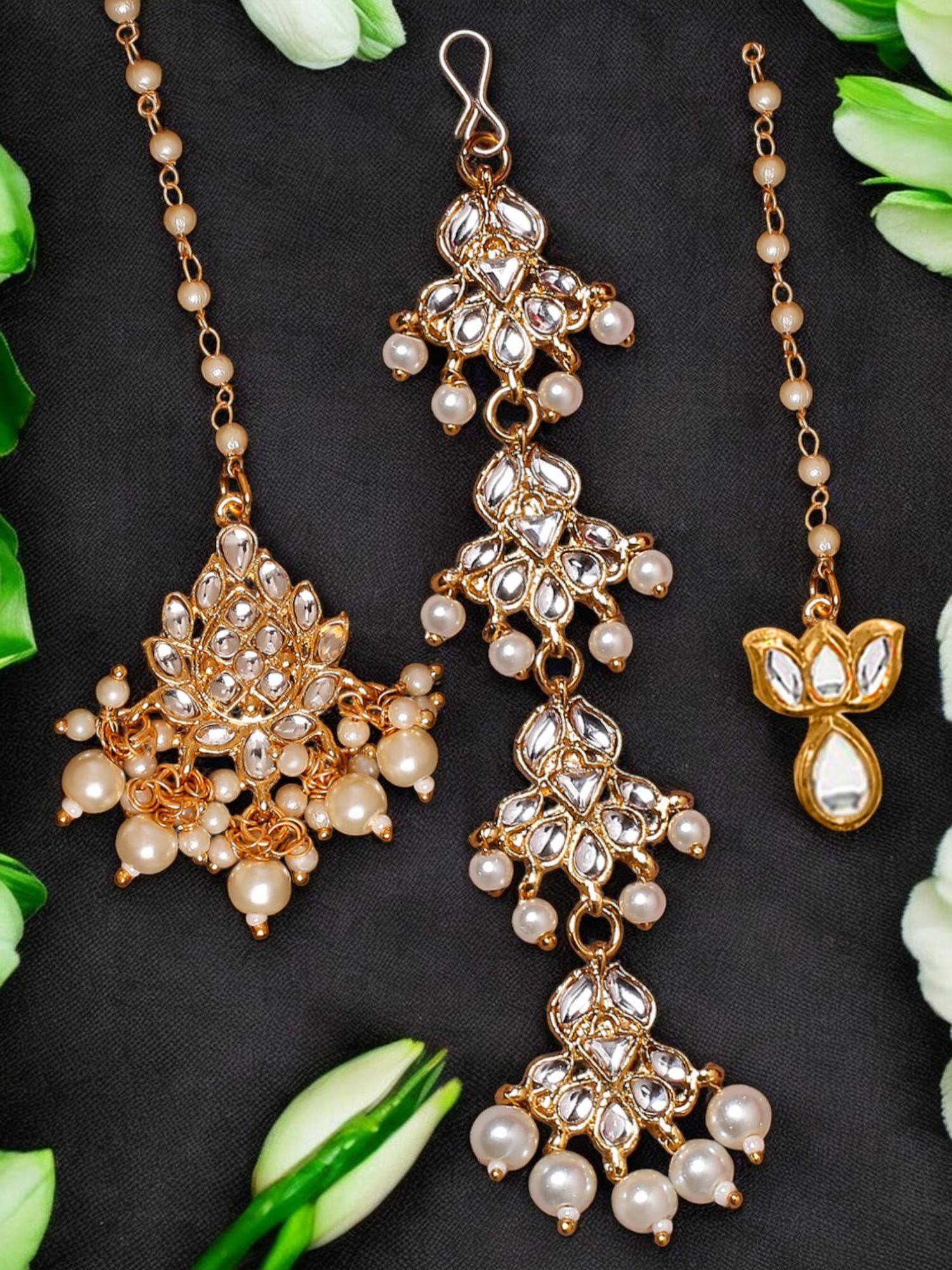 Fabula Gold Tone Kundan and Pearl Floral Wedding Delicate Maangtikka (Pack Of 3)