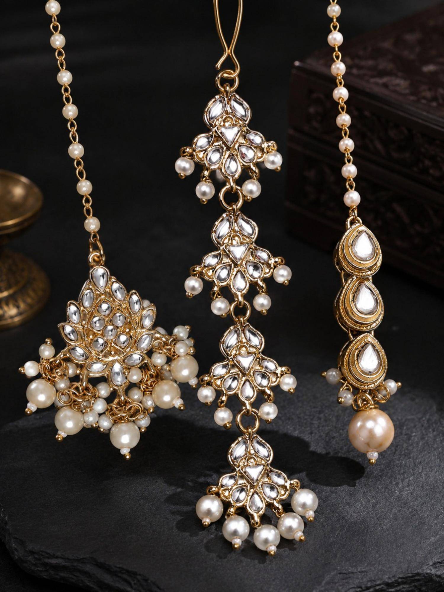 OOMPH Gold Tone Kundan and Pearl Floral Wedding Delicate Maangtikka (Pack Of 3)