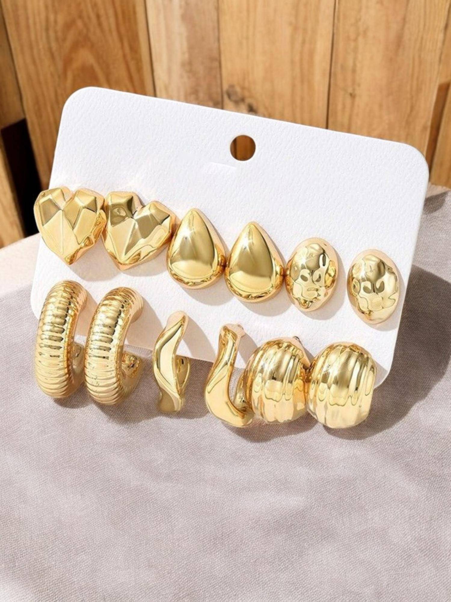 Fabula Combo 6 Gold Anti Tarnish Heart & Geometric Shape Hoop & Stud Earrings