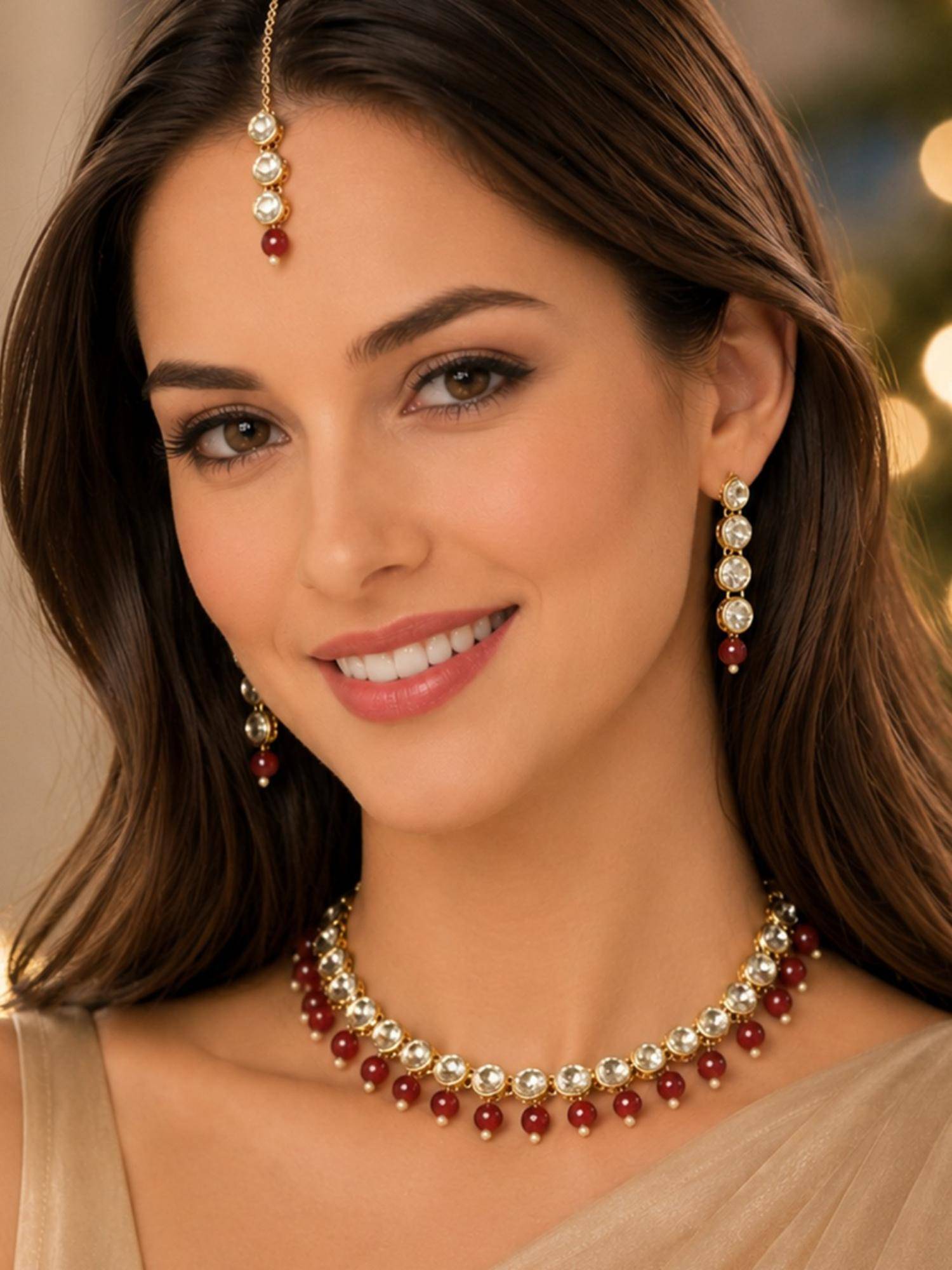 OOMPH Maroon Beads and Kundan Delicate Ethnic Jewellery Set