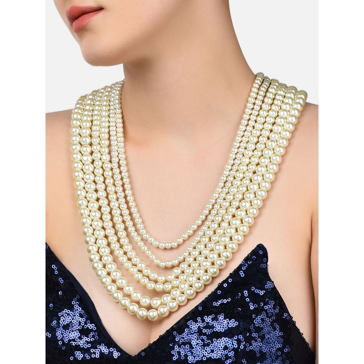 Zaveri Pearls Gold Tone Fusion Wear Multi Layered Pearls Necklace