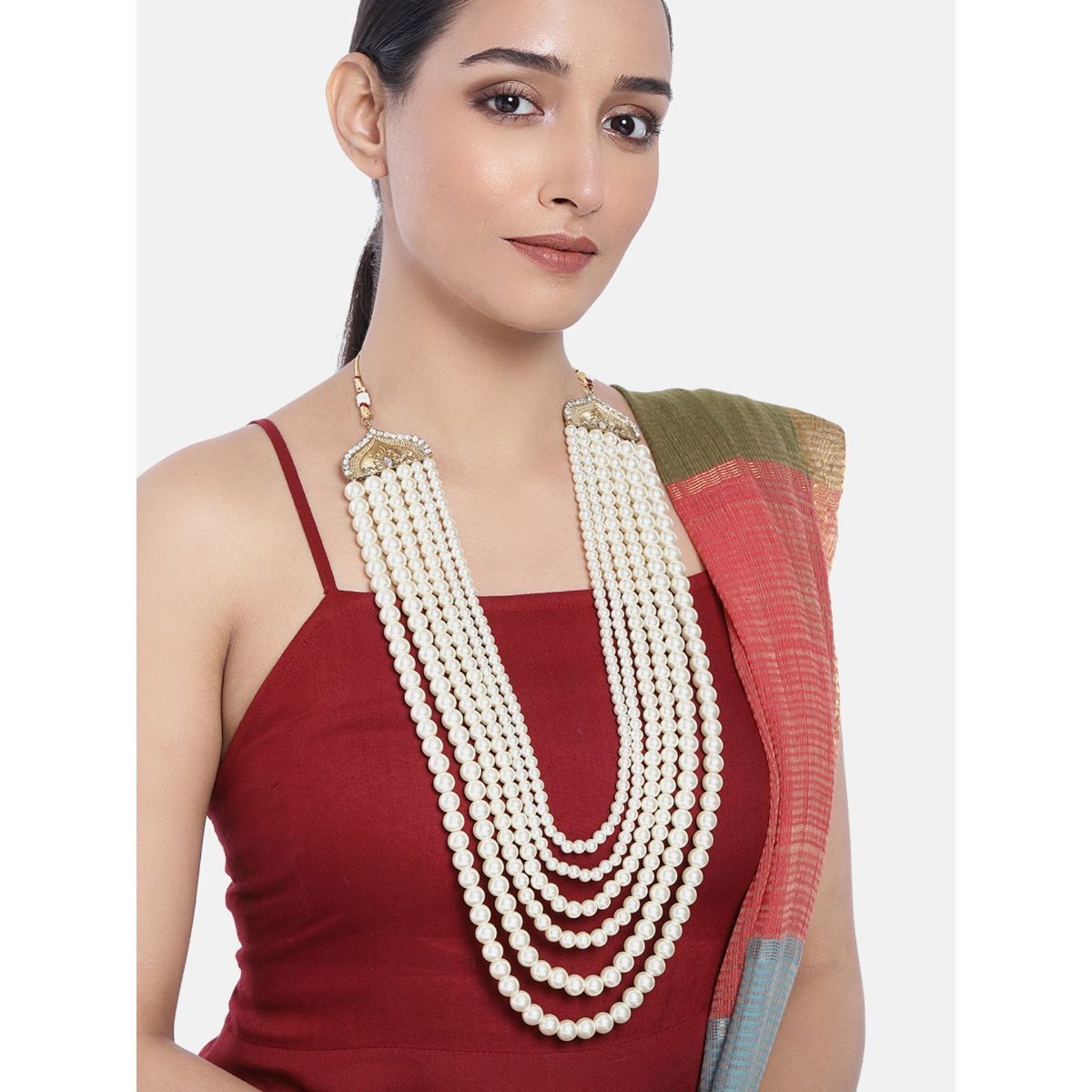 Zaveri Pearls Gold Tone Fusion Wear Multi Layered Pearls Necklace