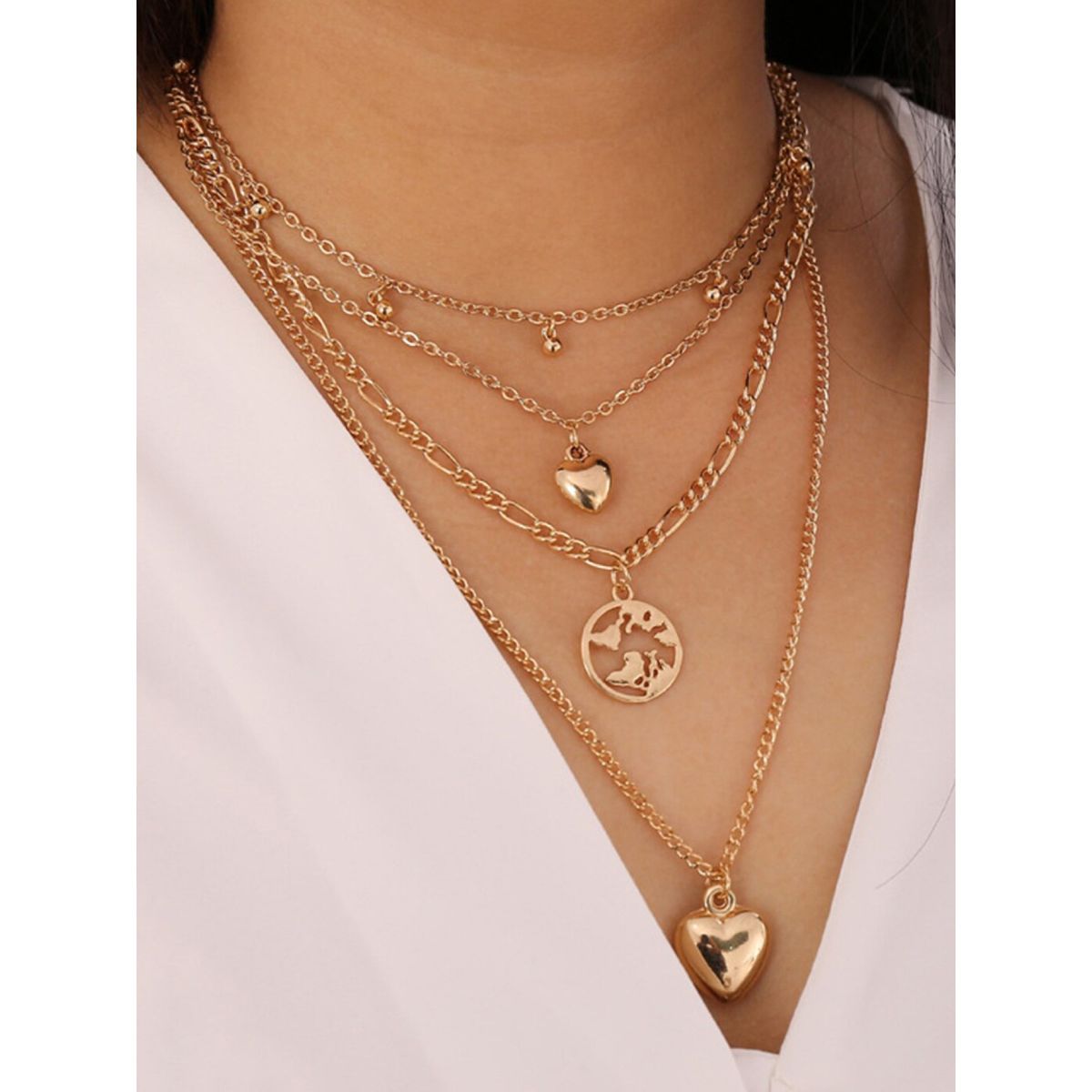 OOMPH Silver Tone Link Chain Heart & Lock Multi Layer Necklace