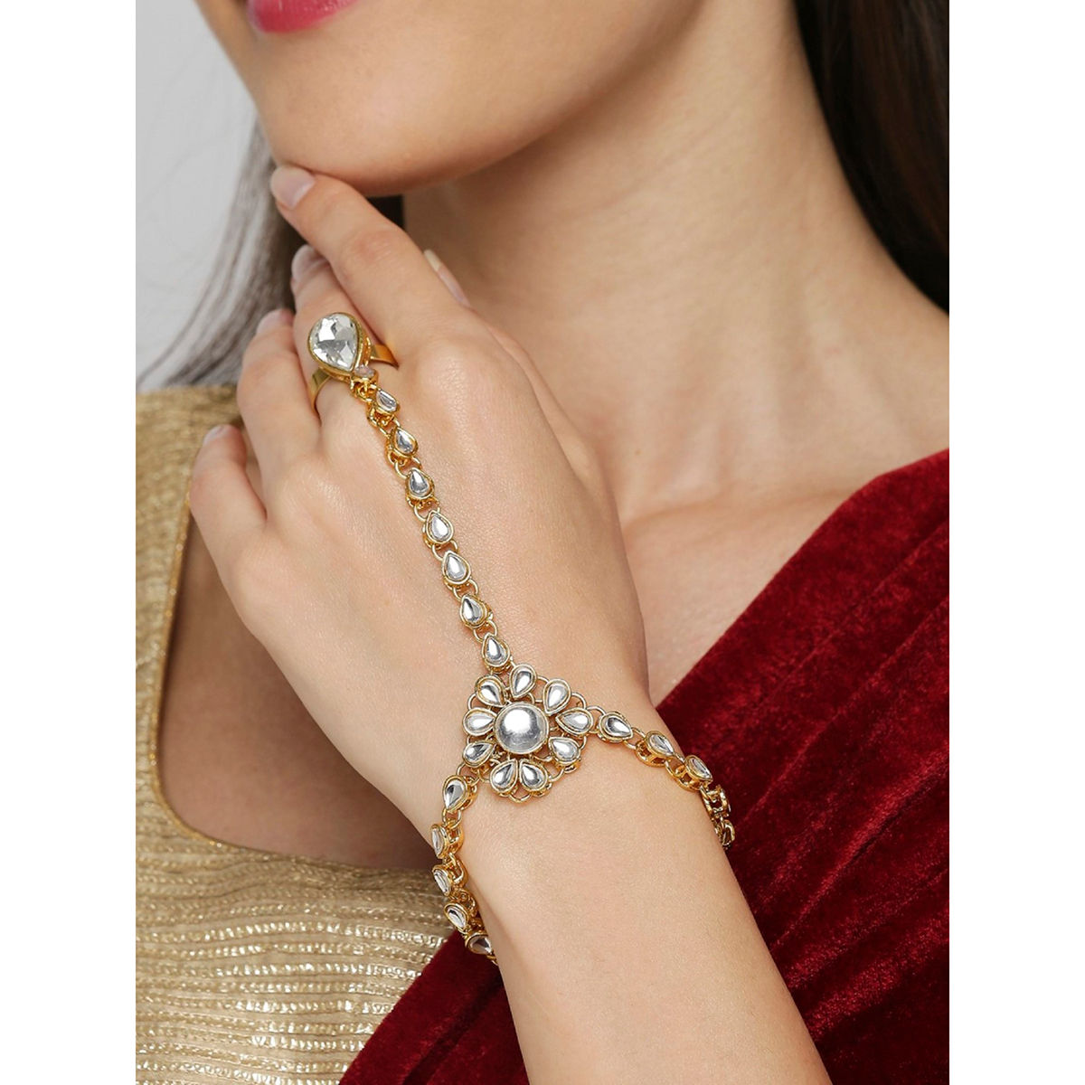 Rose-Gold American Diamond Hath Panja | Bangle Bracelet ring combo| In –  Indian Designs