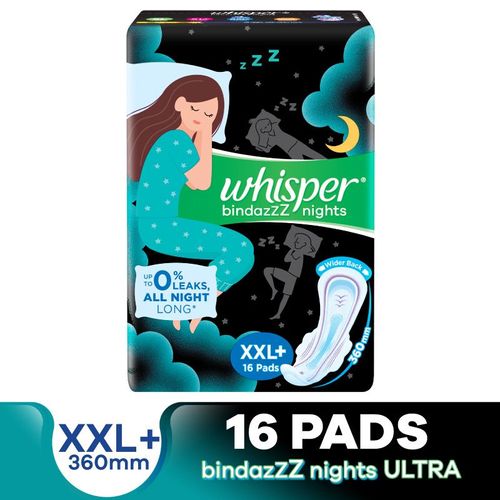 Buy Whisper Bindazzz Night Thin XXL+ Sanitary Pads for upto 0% Leak-60%  Longer with Dry top sheet,16 Pad Online