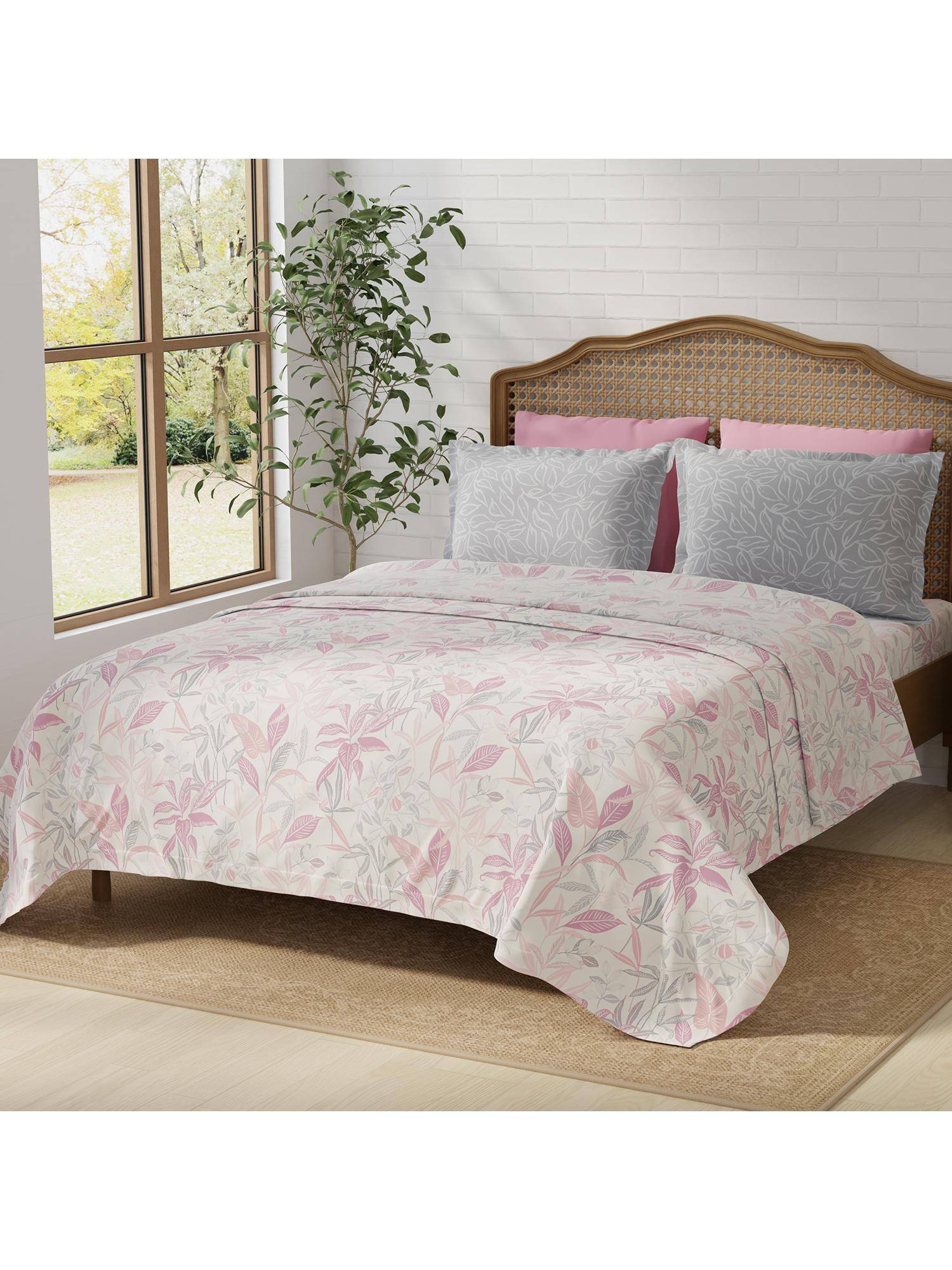 Layers Pristine 100% Cotton 180 TC Pink & Grey Floral King Bedsheet with 2 Pillow Covers