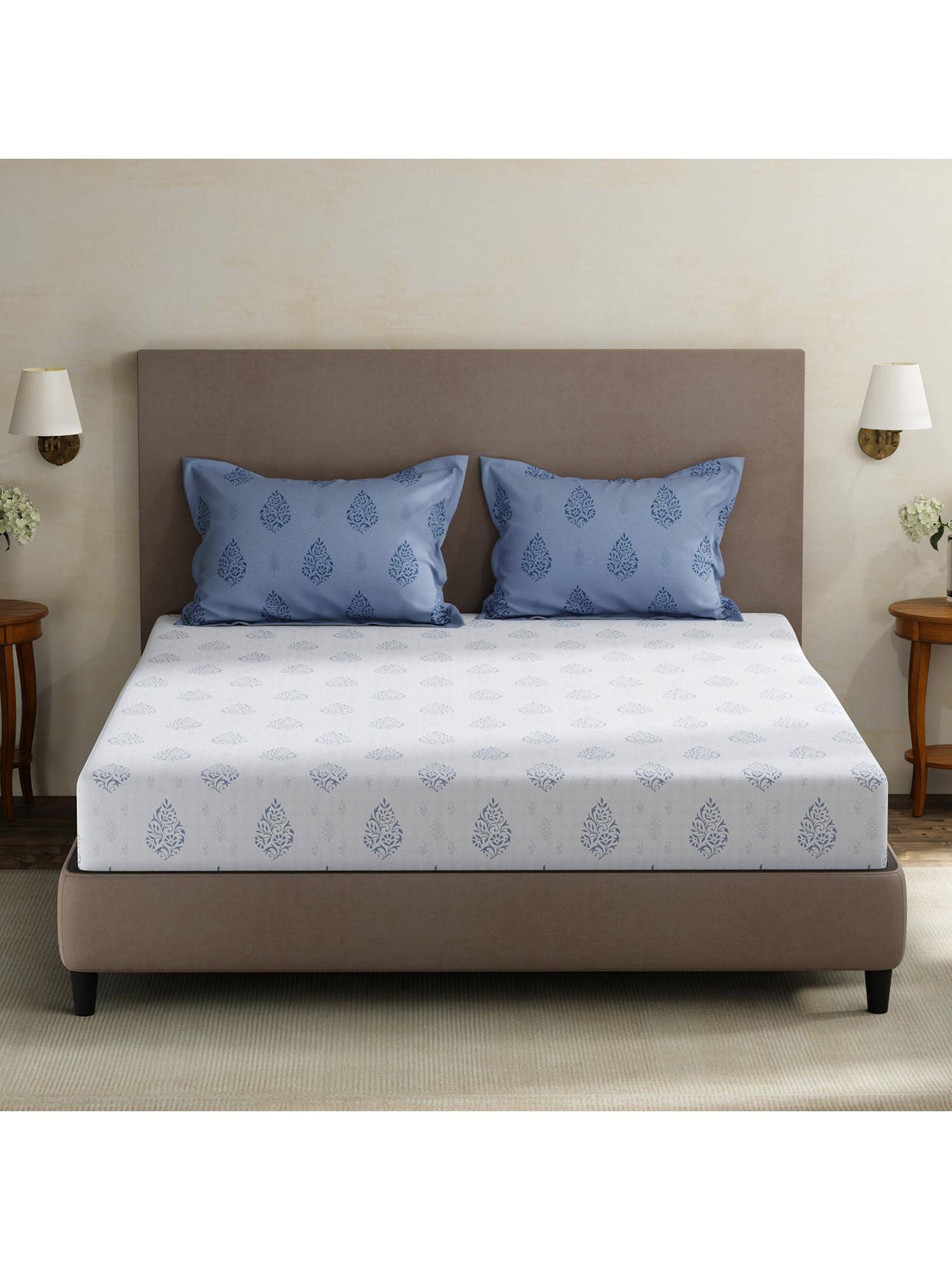 Layers Forever 100% Cotton 120 TC Blue Floral King Bedsheet with 2 Pillow Covers
