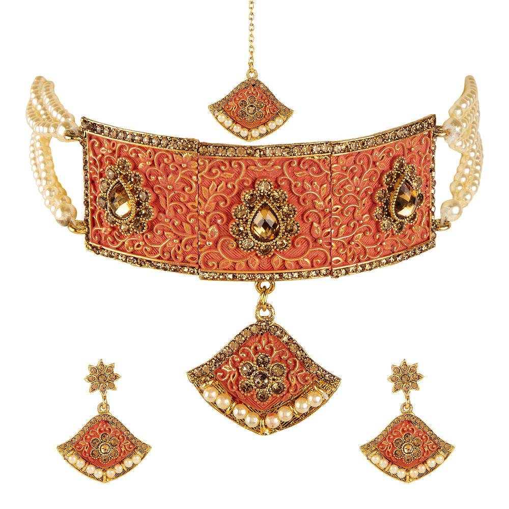 Anika's Creation Exclusive Meenakari Temple Design Chokar Jewellery Set With Maang Tikka for Women