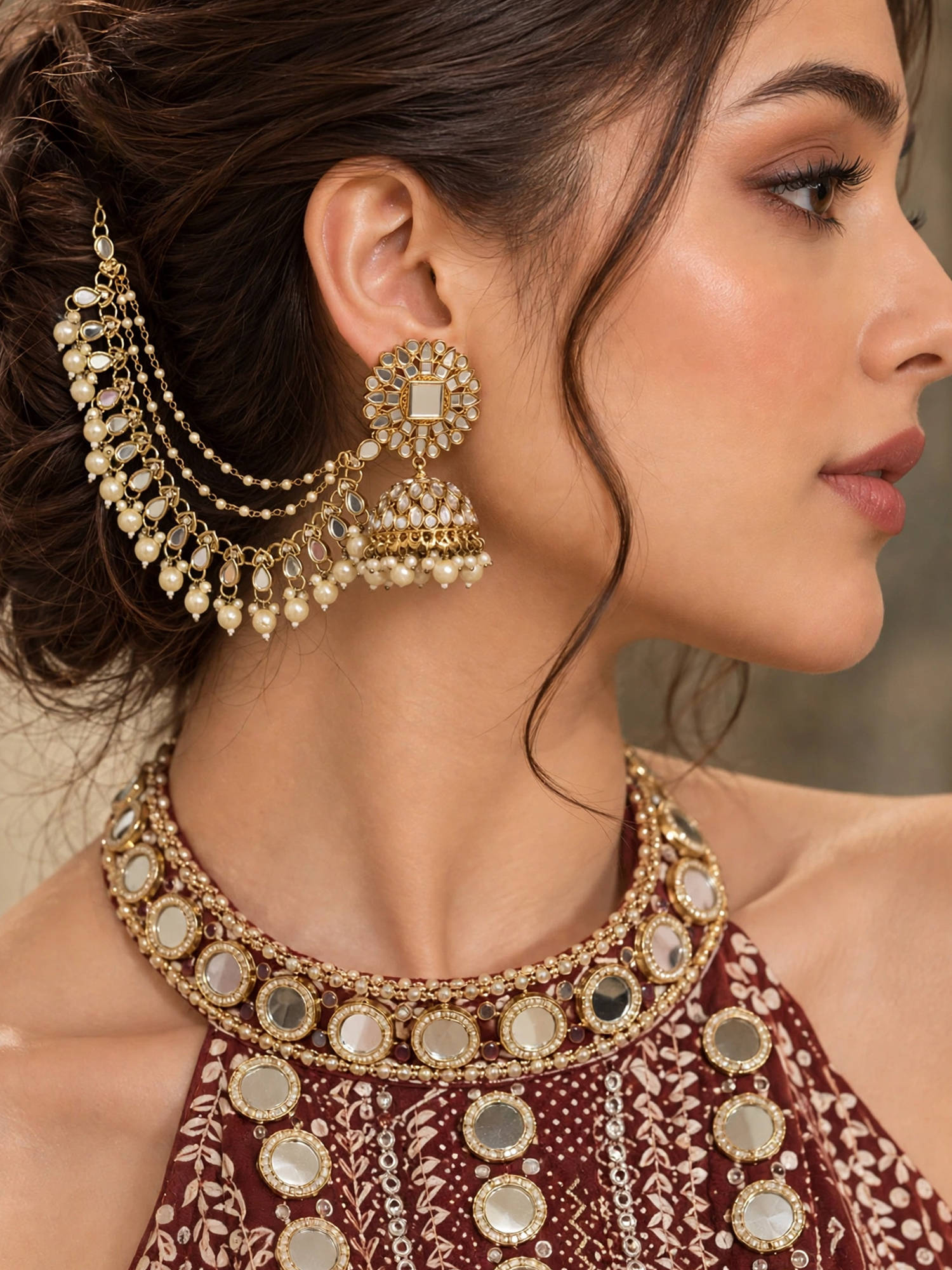 Zaveri Pearls Gold Tone Dazzling Stones and White Pearls Ear Chain Earrings