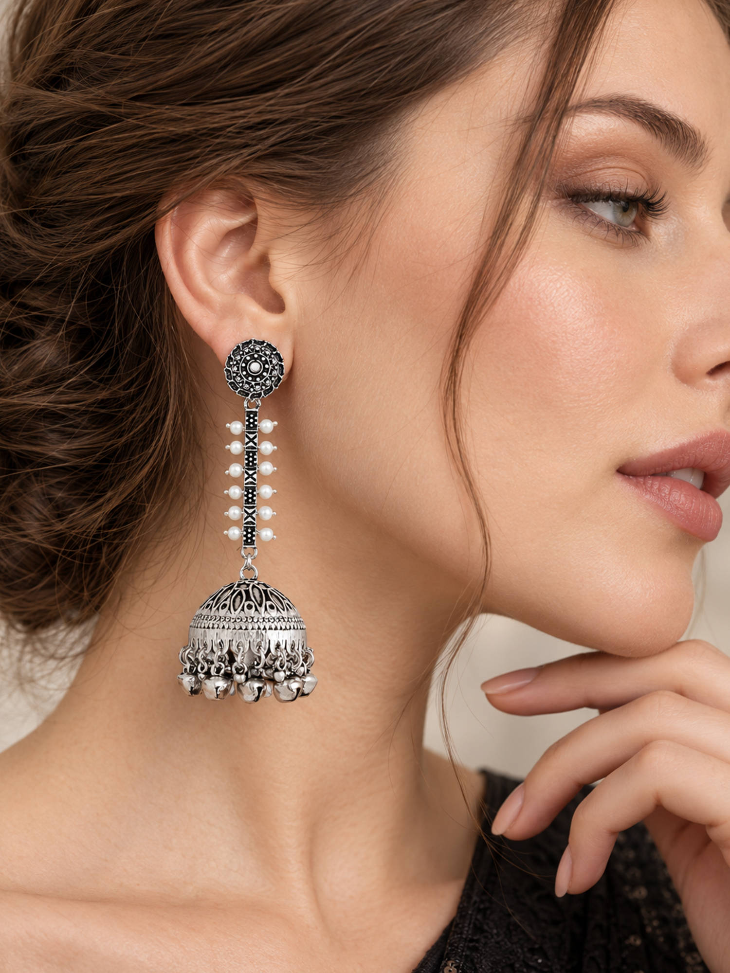 Zaveri Pearls Antique Silver Tone Traditional Oxidised Earrings