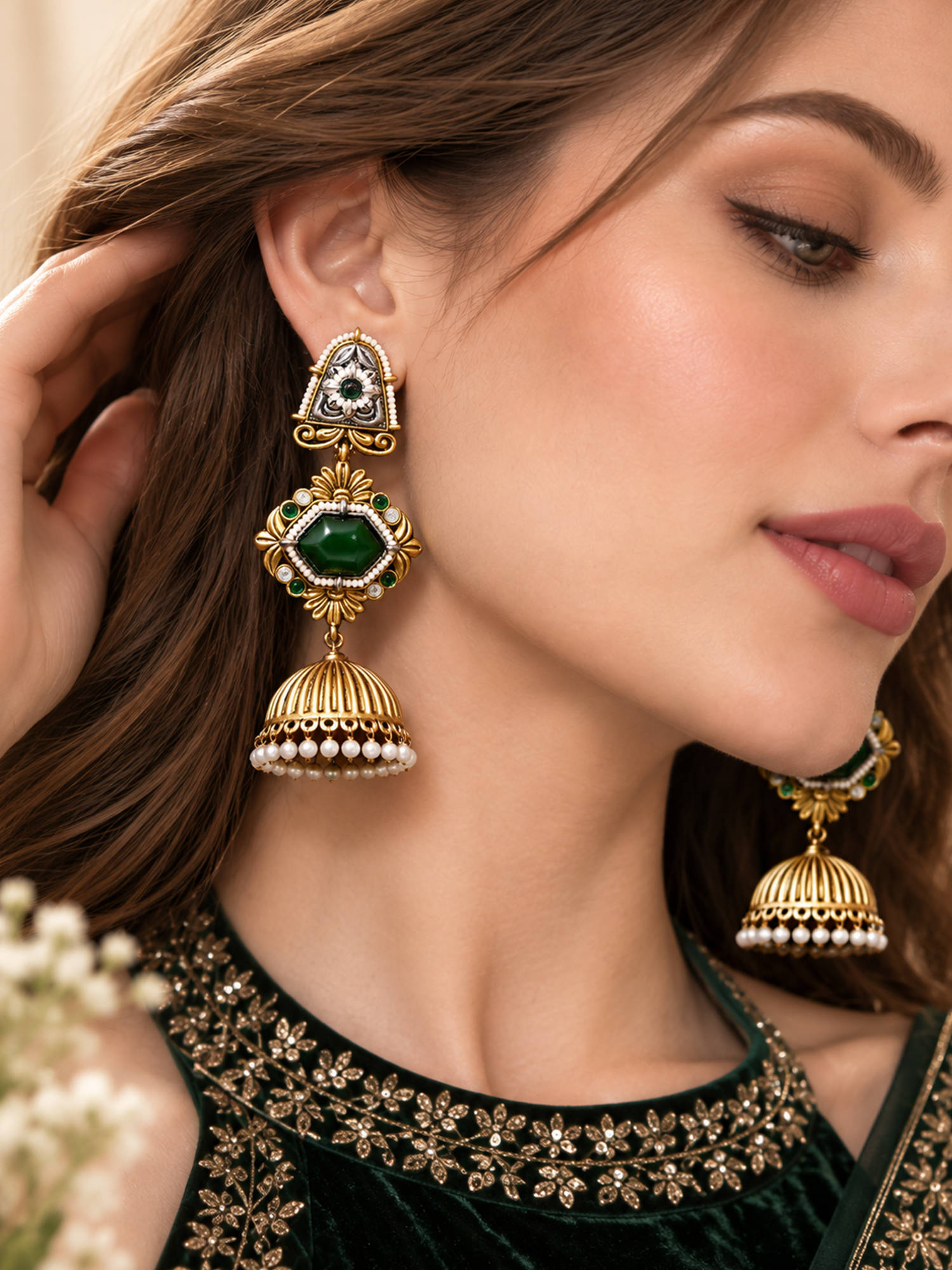 Zaveri Pearls Green Stones Beads Two Tone Matte Finish Earrings