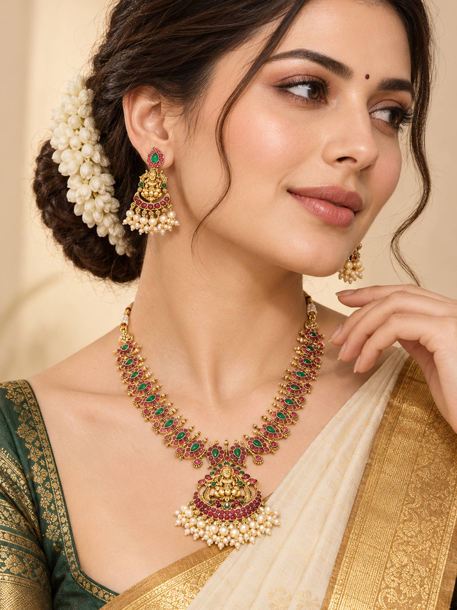 Zaveri Pearls Multi-Color Goddess Lakshmi Temple Necklace and Earring Set (Pack of 3)
