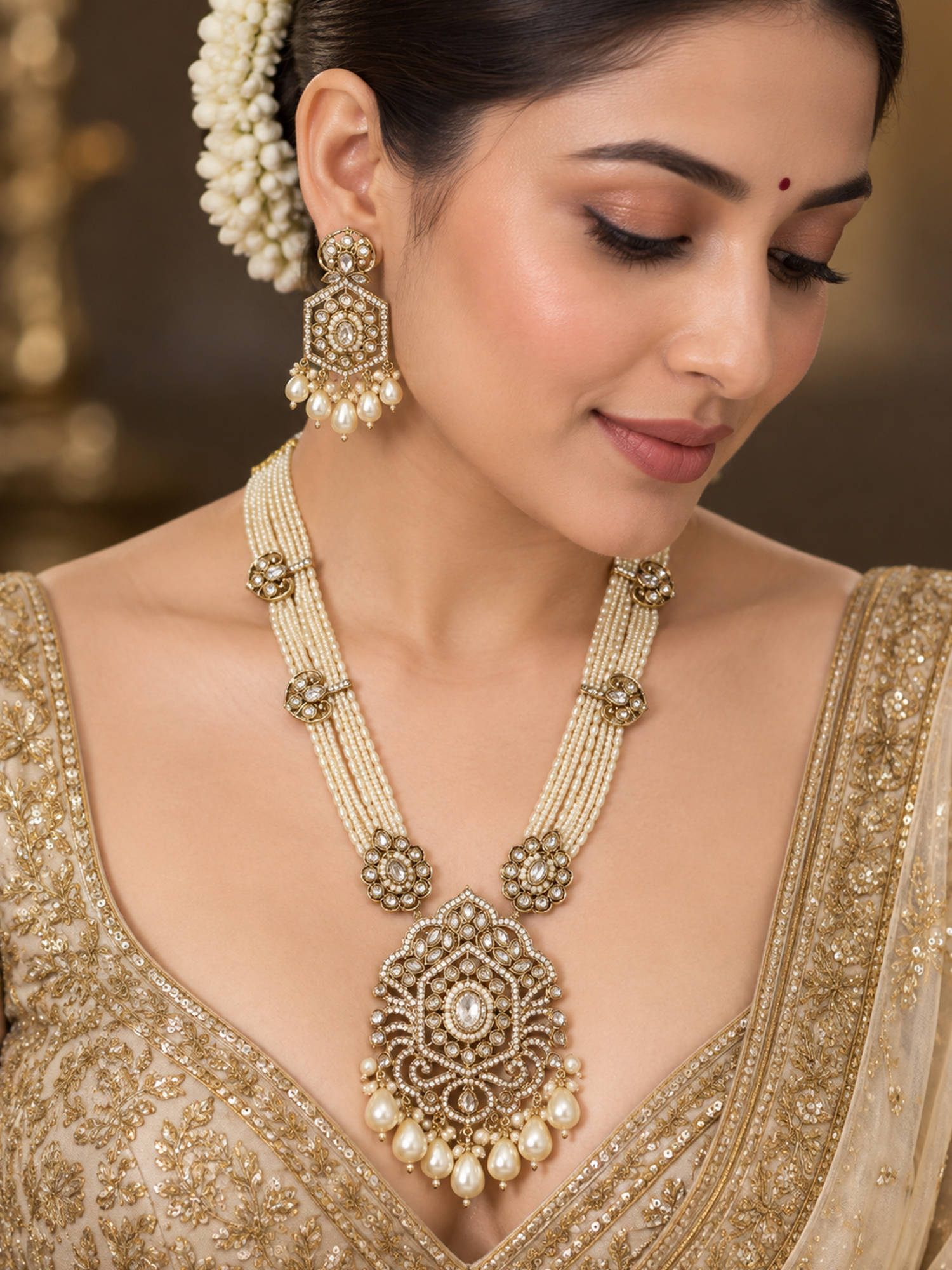 Zaveri Pearls White Antique Gold Tone Stones Multistrand Jewellery Set
