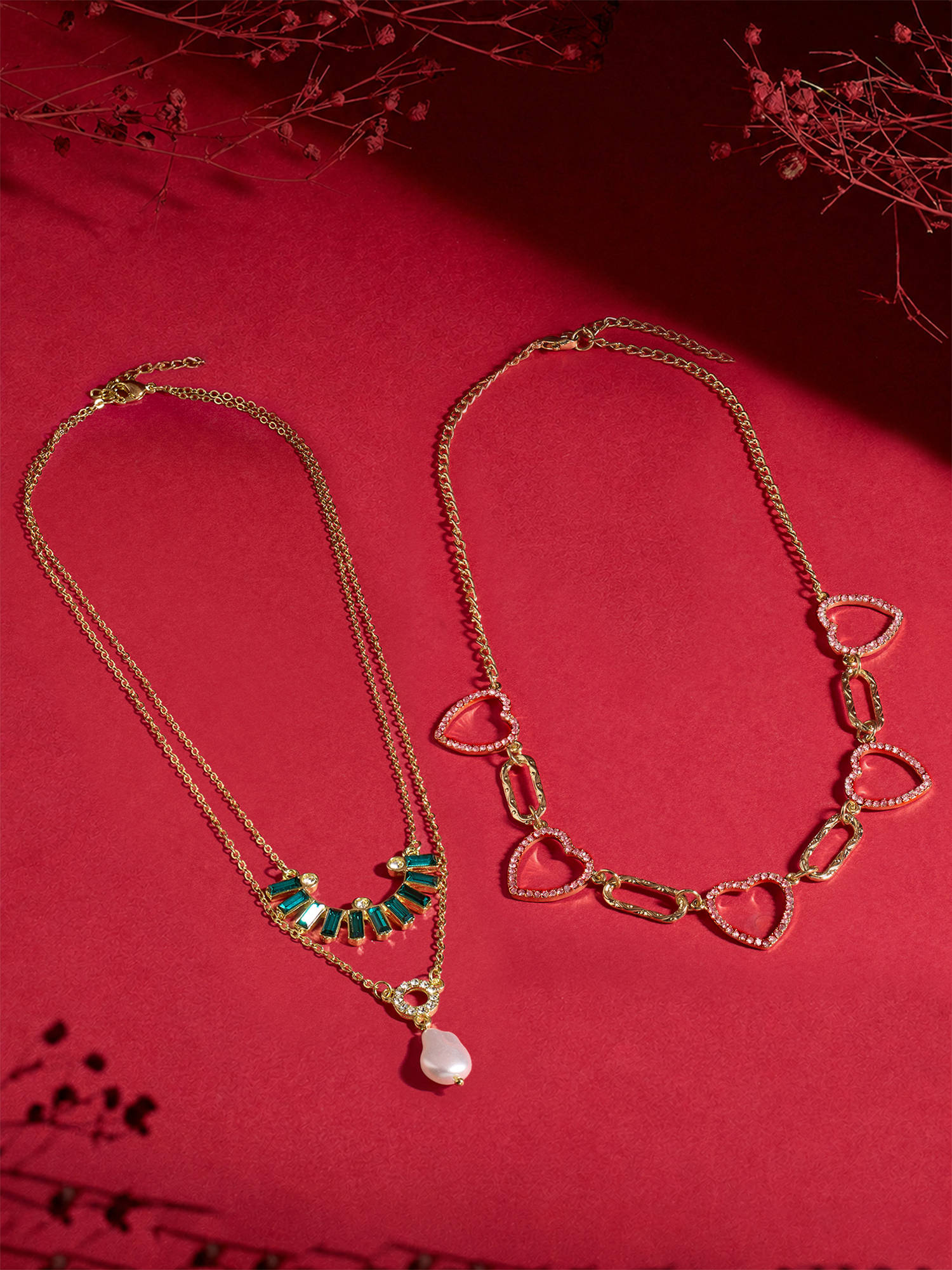 Zaveri Pearls Green Pink Stones and Diamonds Necklace (Pack of 2)