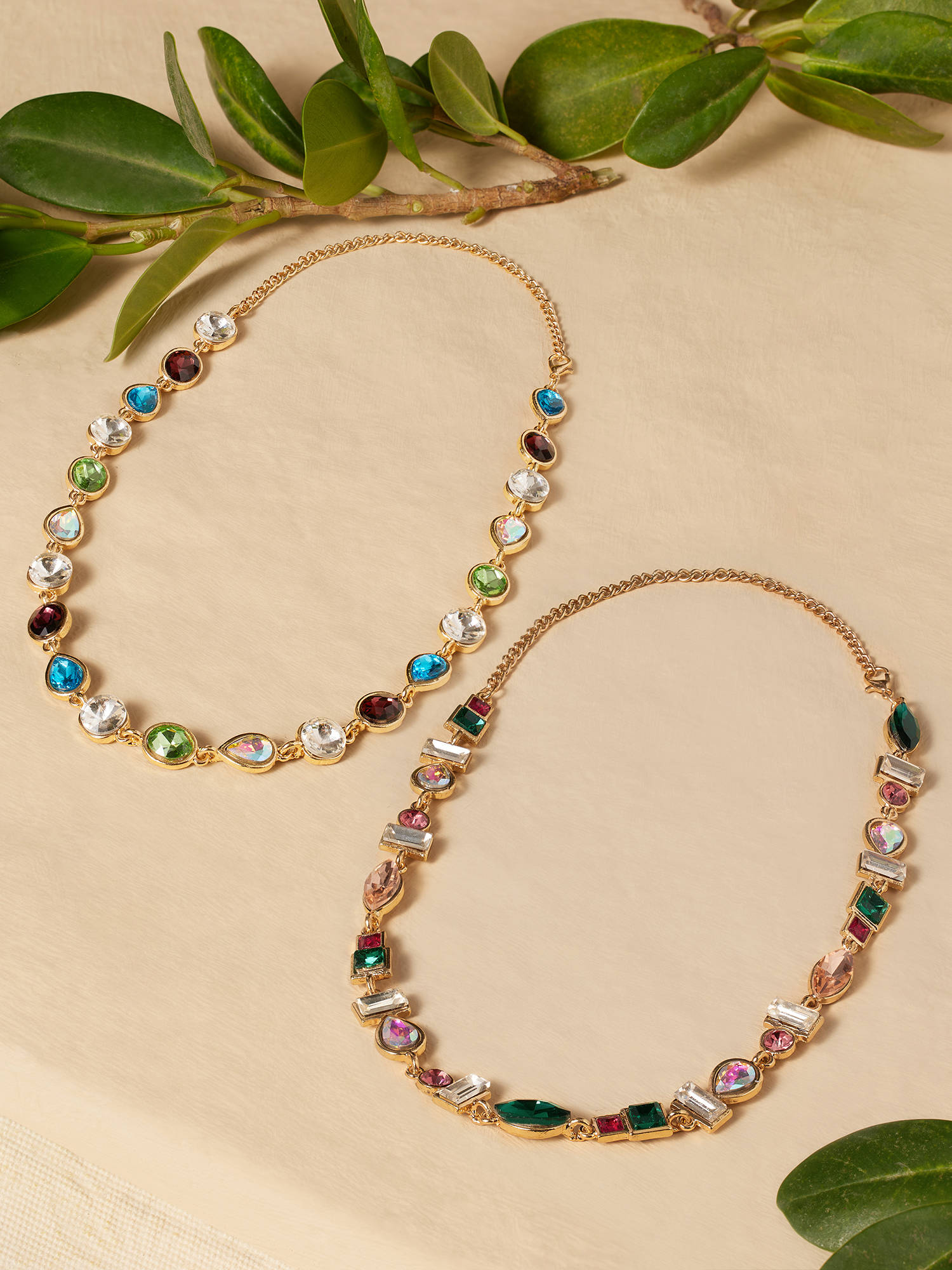 Zaveri Pearls Multicolor Stones Embellish Contemporary Necklace (Pack of 2)
