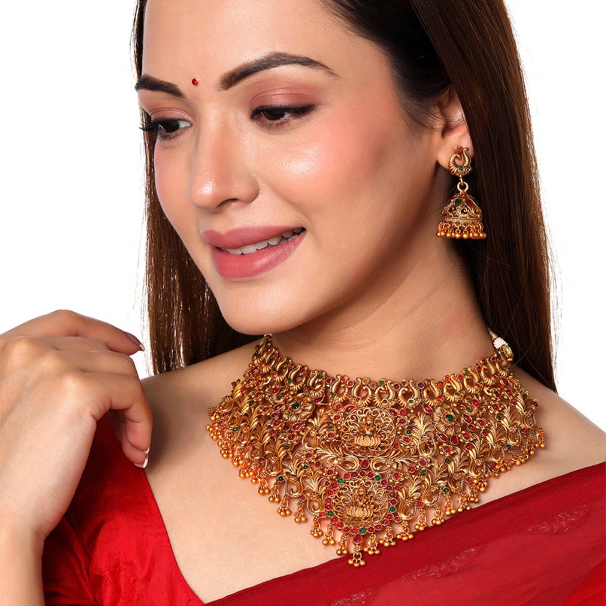 Yellow Chimes Gold-Plated and Pink Artificial Stones Studded and Beaded Jewellery Set
