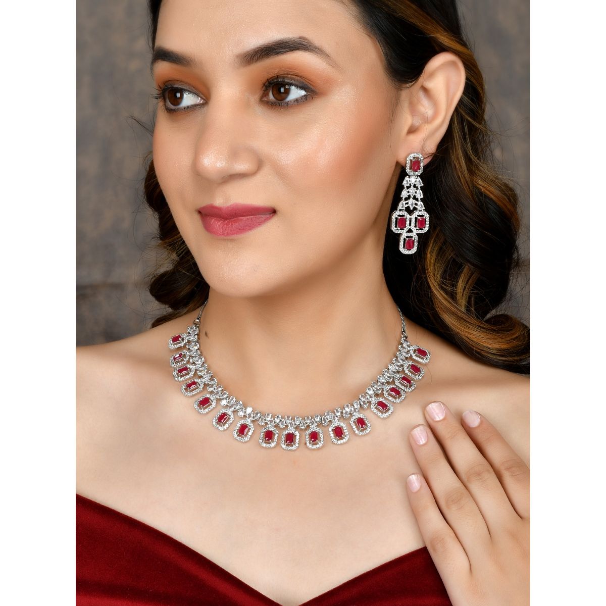 Silvermerc Designs American Diamond Faux Ruby Jewellery Set Buy Silvermerc Designs American