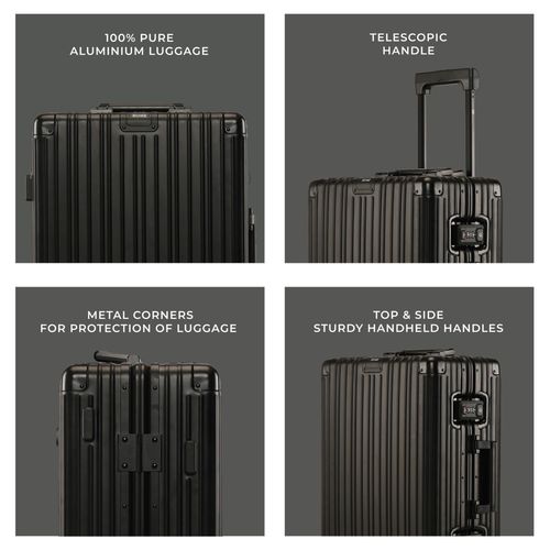 EUME 100% Aluminium Check-In Small Luggage 50 Cm Black with Red Wheel