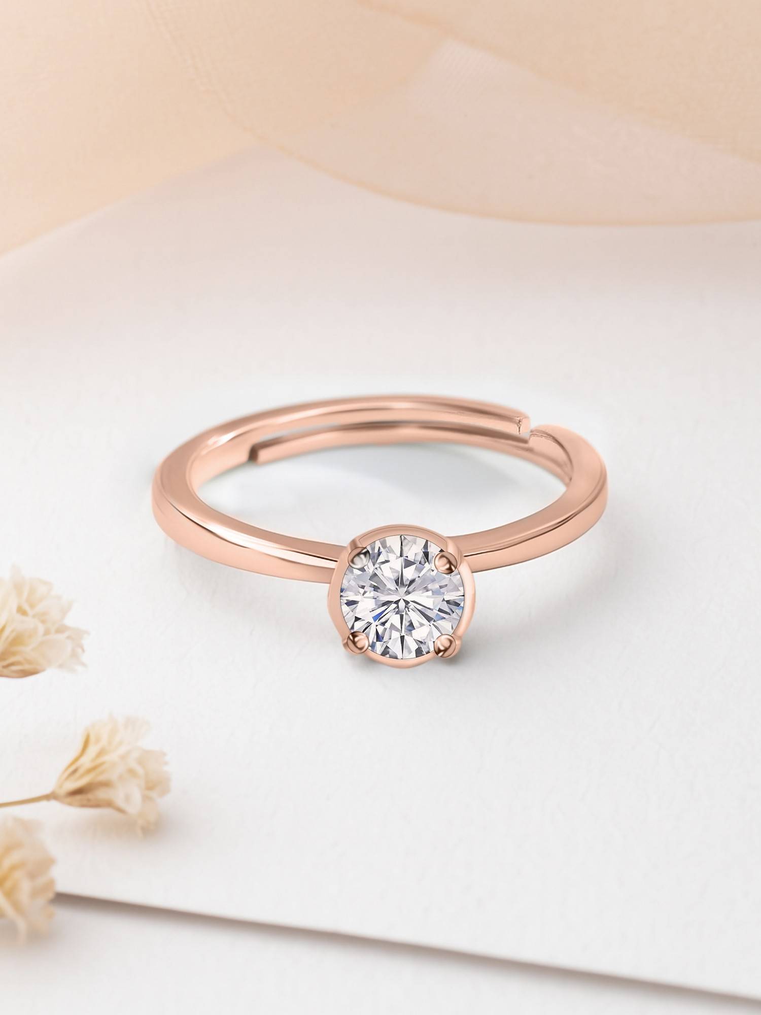 Ornate Jewels 925 Silver Rose Gold 1 Carat American Diamond Adjustable Ring for Women & Girls