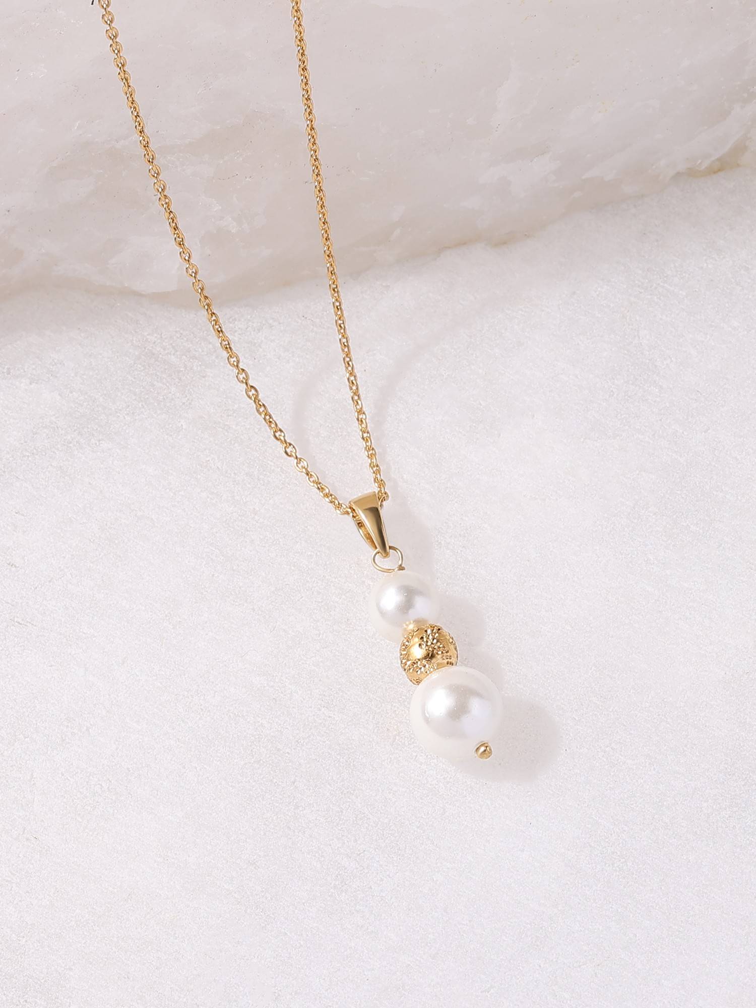 Ornate Jewels 925 Silver Yellow Gold Shell Pearl Triology Pendant With Chain for Women & Girls
