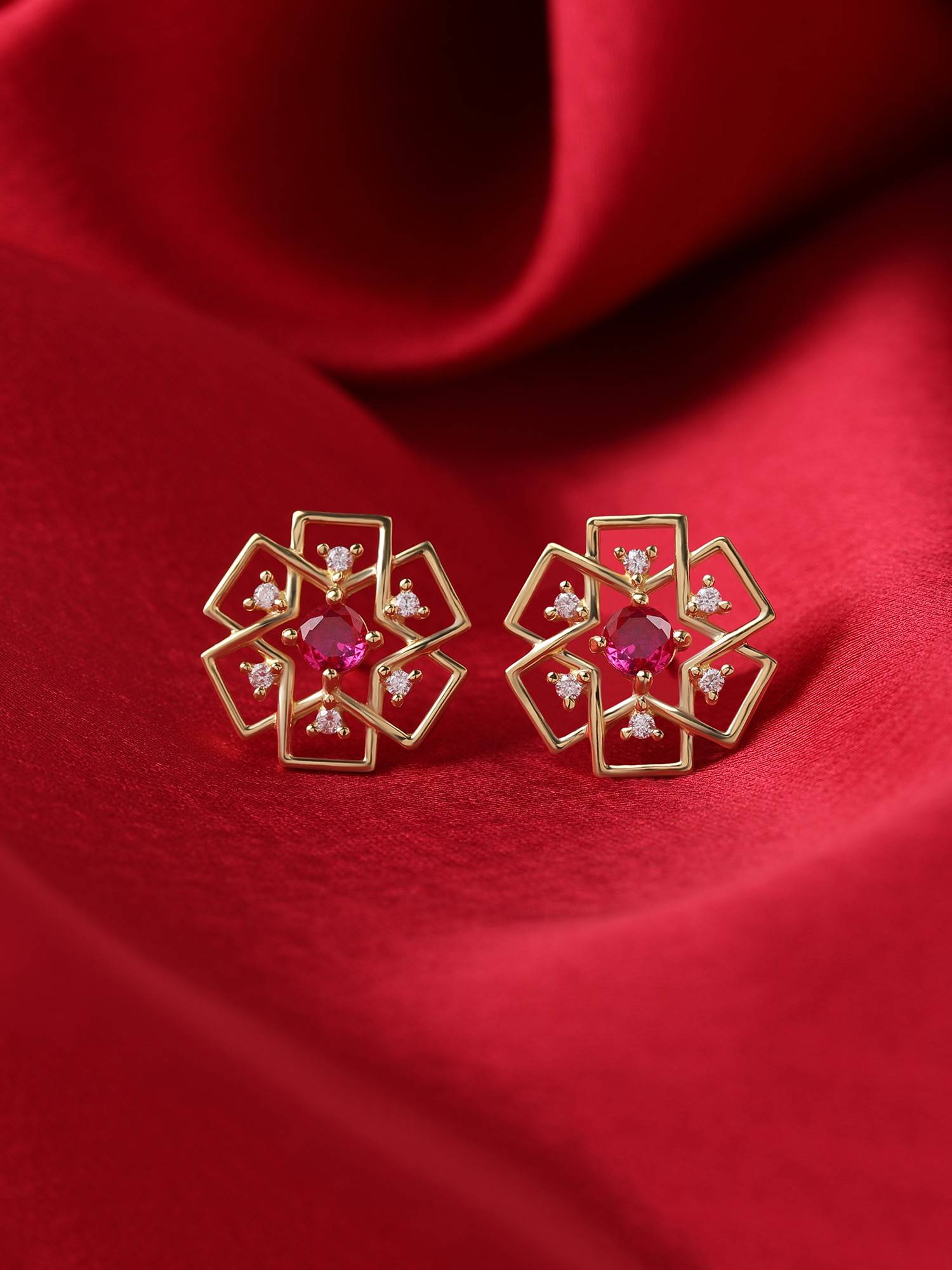 Ornate Jewels 925 Silver Yellow Gold Round Red Ruby Modern Classic Stud Earring for Women & Girls