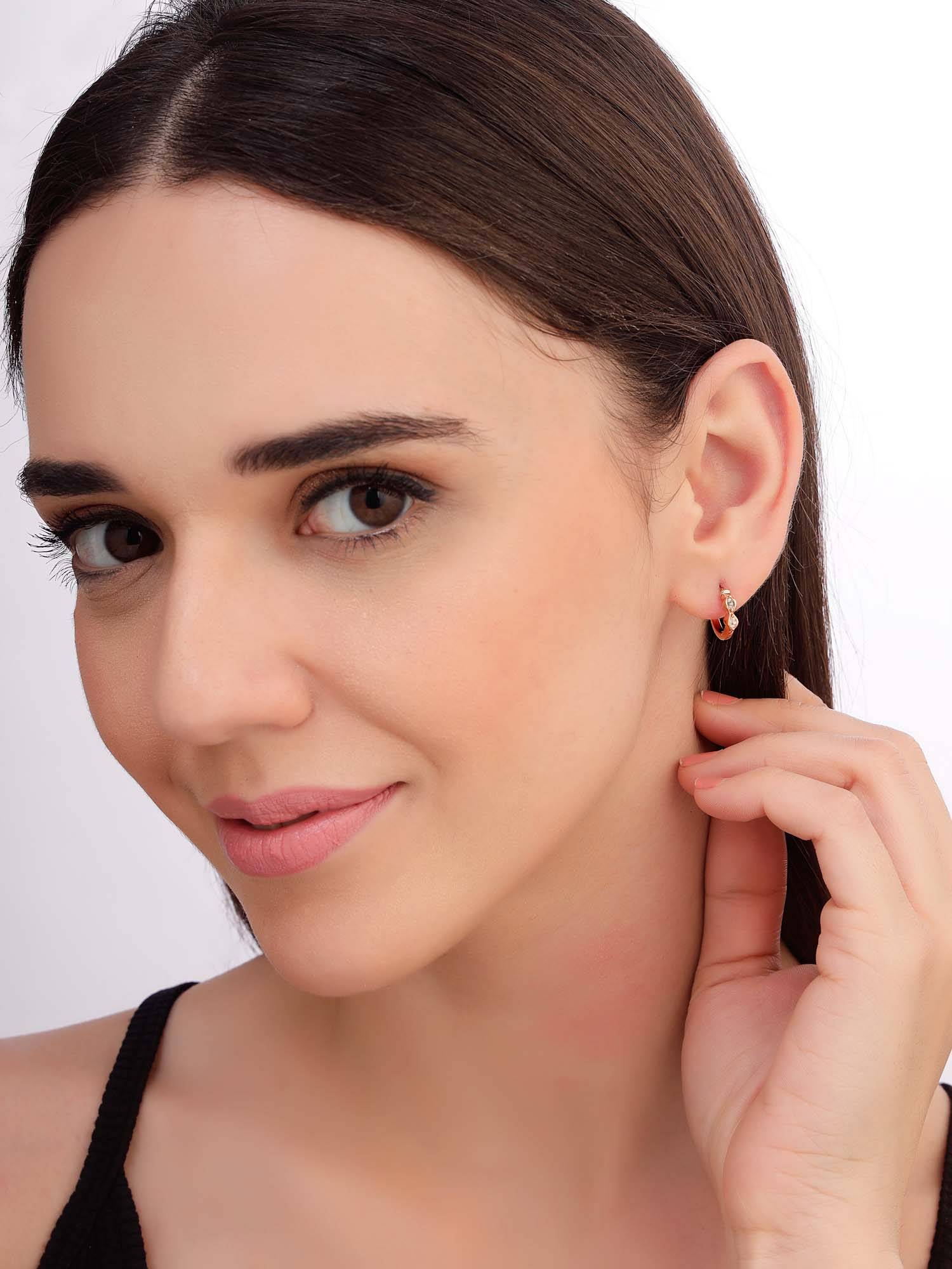 Carlton London Women 925 Sterling Silver Rose Gold Plated Cz Luxe Sculpted Hoop Earrings
