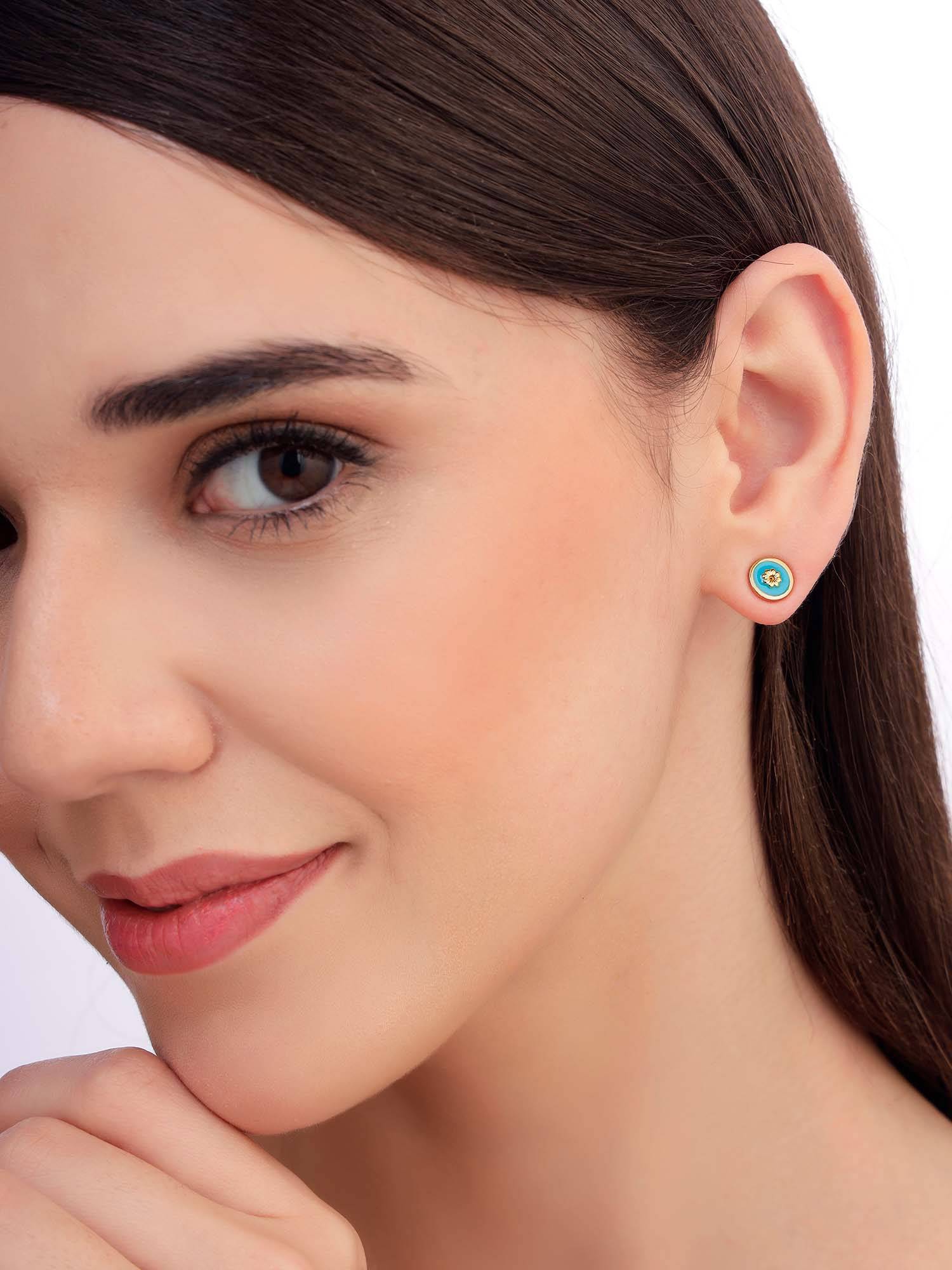 Carlton London Women 18K Gold Plated Cz Turquoise Enamel Stud Earrings