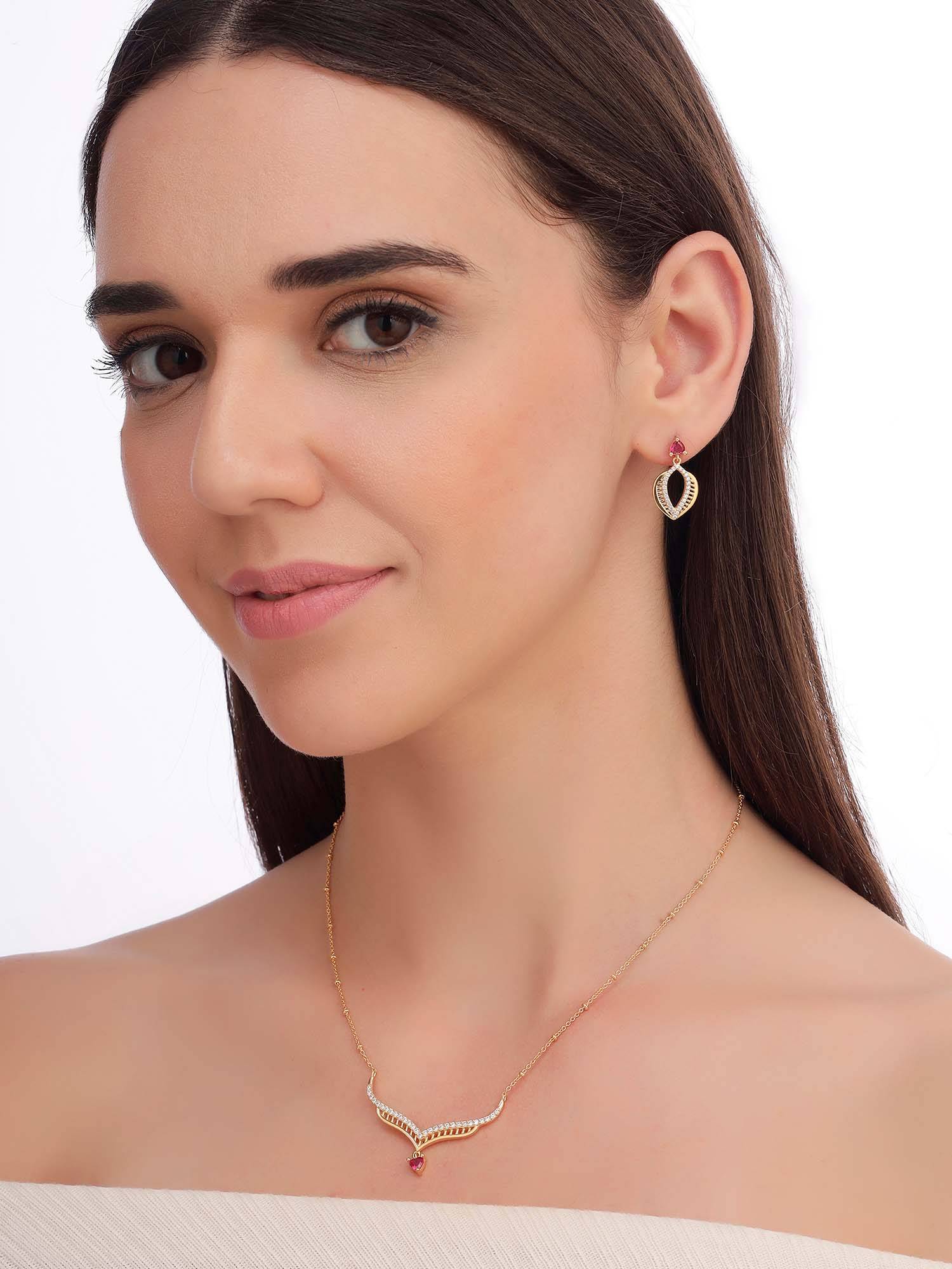 Carlton London Women 18K Gold Plated Pink Cz Heart Necklace Set