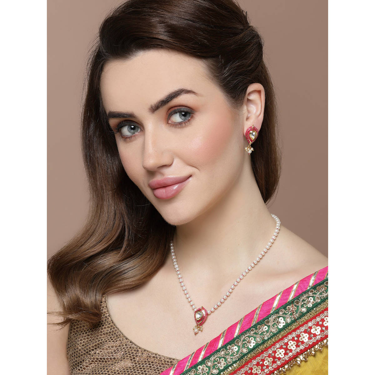 Dugran By Dugristyle Pink & Gold Drop Earring with Kundan & Pearls