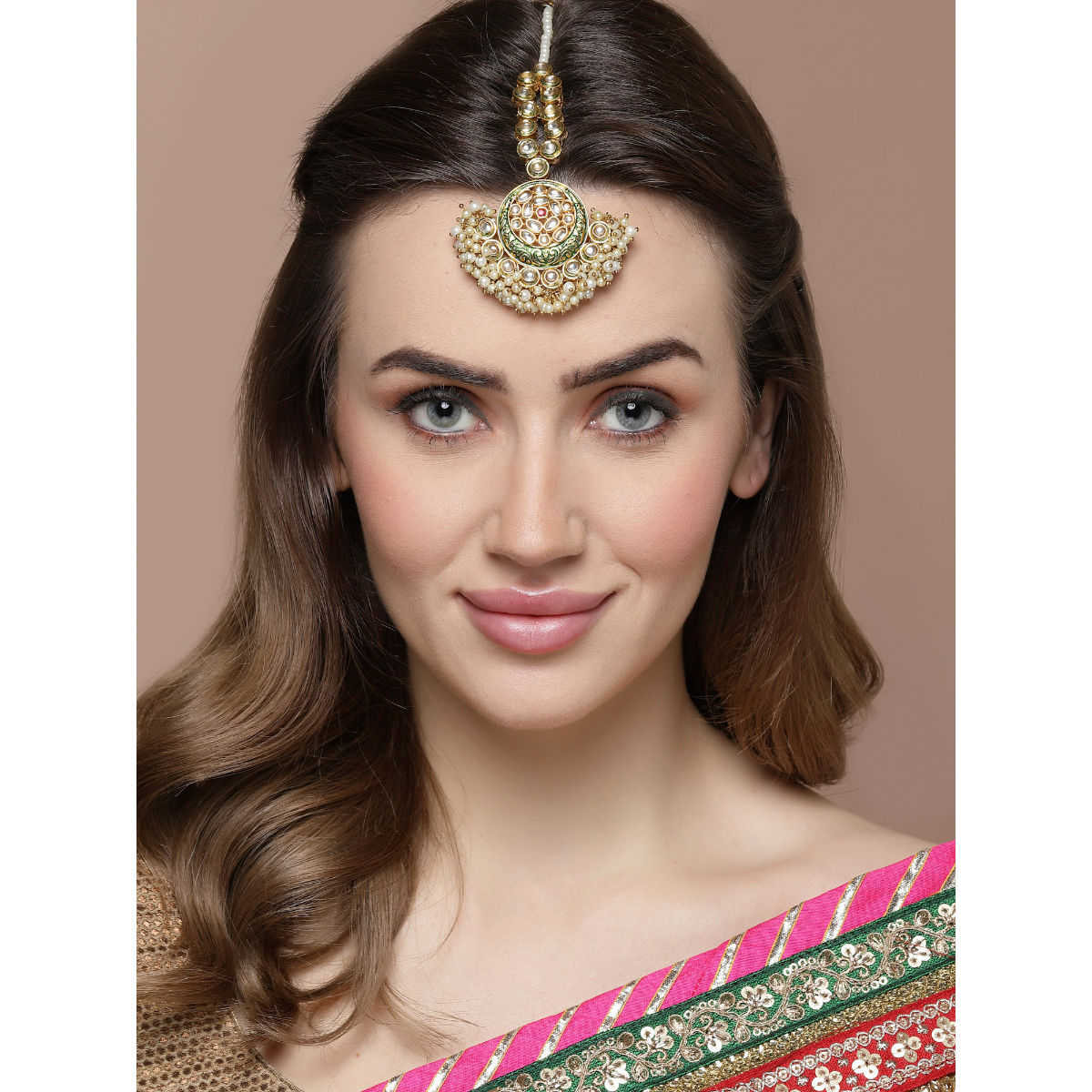 Dugran By Dugristyle Green & Gold Mang Tikka Head Jewellery with Kundan