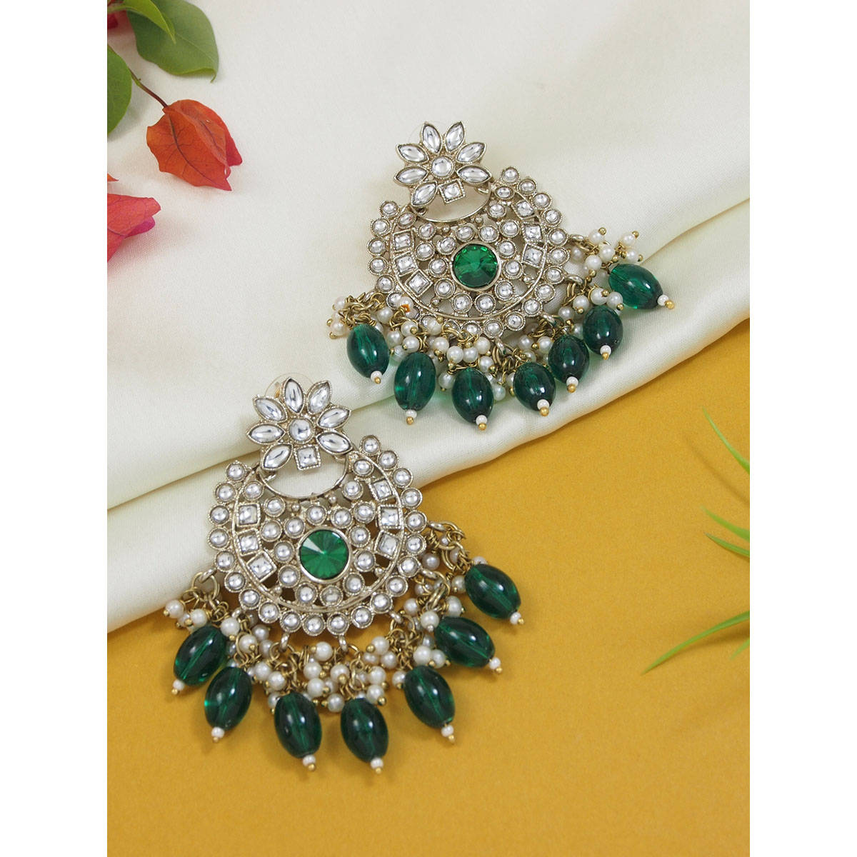 I Jewels Green Gold Plated Traditional Kundan Pearl Chandbali Earrings -E3153G