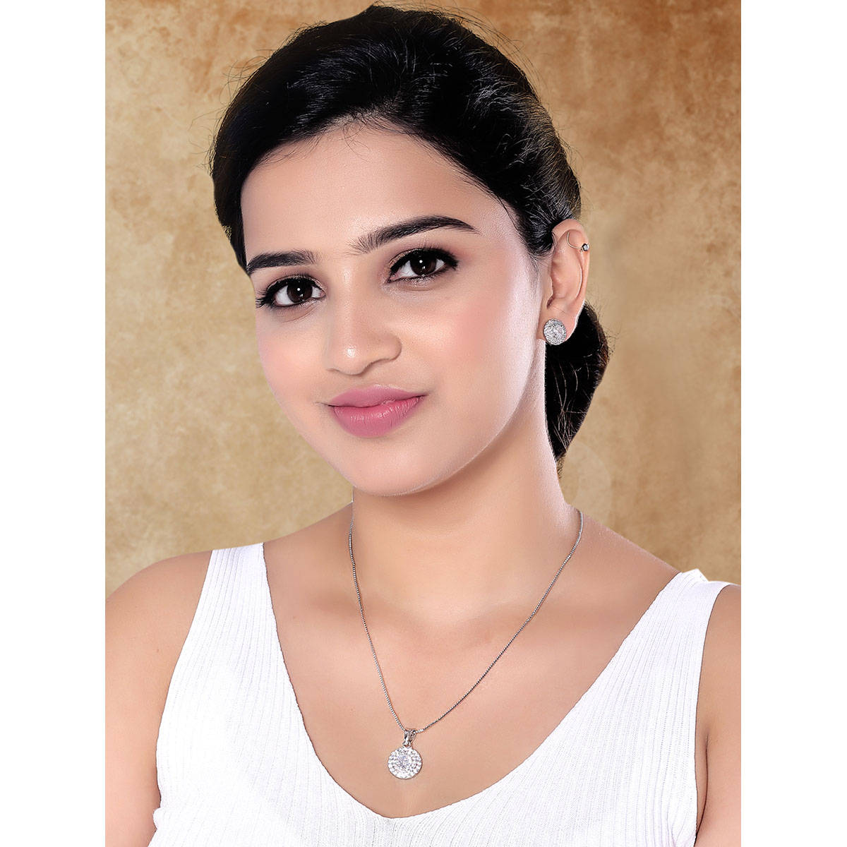 I Jewels Silver Plated CZ American Diamond Chain Pendant Necklace & Earrings Set