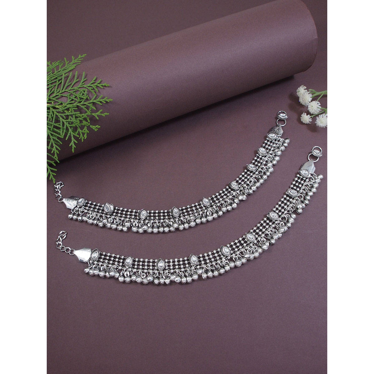 I Jewels Navratri Ethnic Traditional Oxidized Silver Kundan Anklet Women