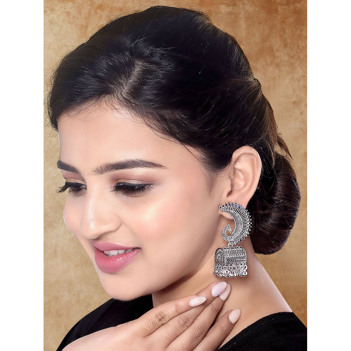 I Jewels Ethnic Oxidised Afghani Peacock Jhumka Earrings for Women