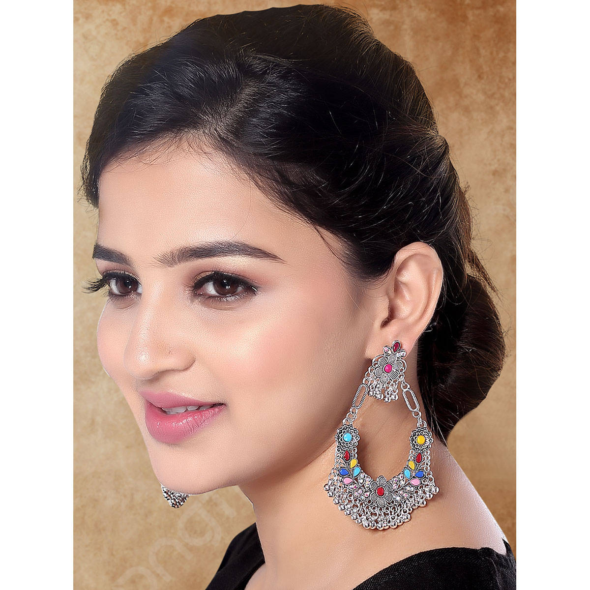 I Jewels Ethnic Oxidized Colorful Kundan-Style Chandbali Earrings for Women
