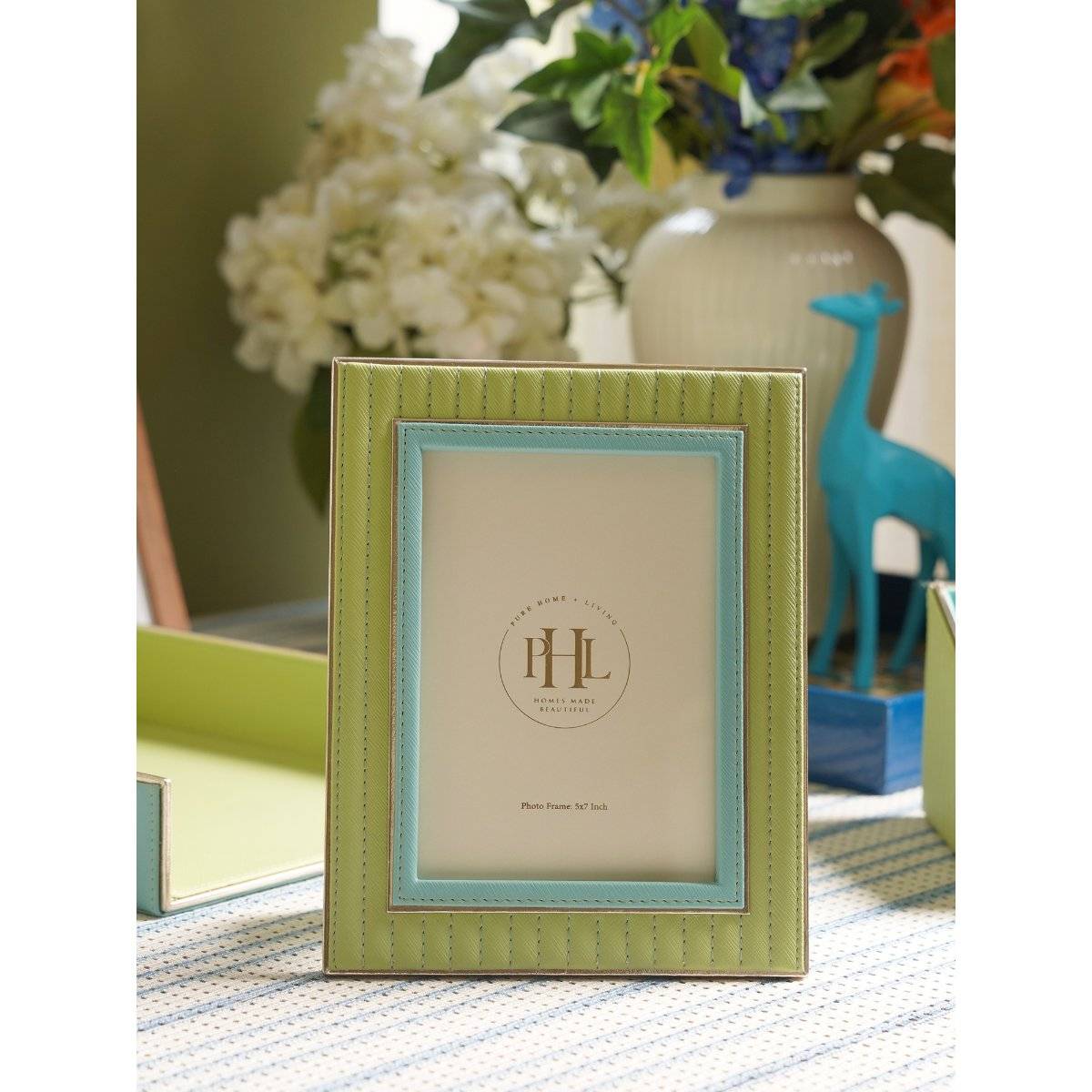 Pure Home + Living Green & Blue Stitched Faux Leather Photo Frame