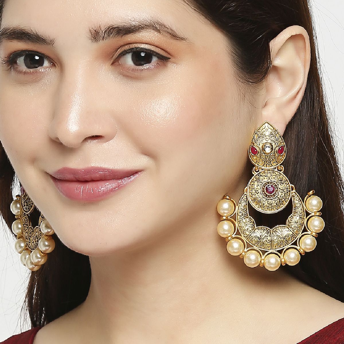 Buy Fabula Antique Gold Tone Red Stone & Pearls South Indian Chandbali