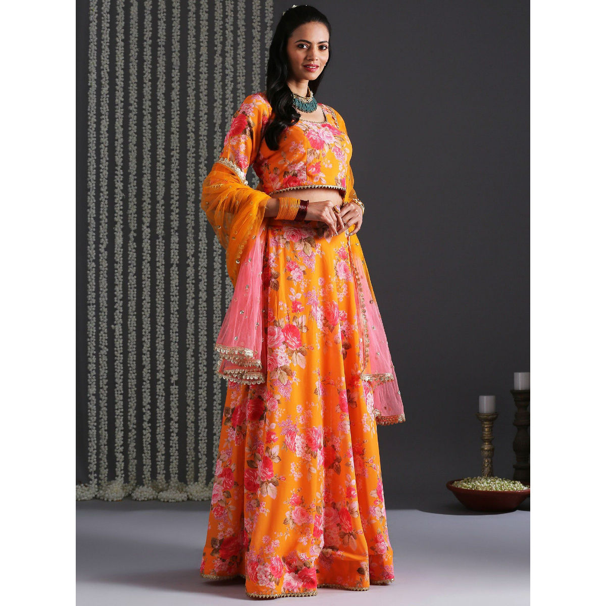 Orange Floral Print Lehenga Set by Aayushi Maniar | Shop Online at Aza  Fashions