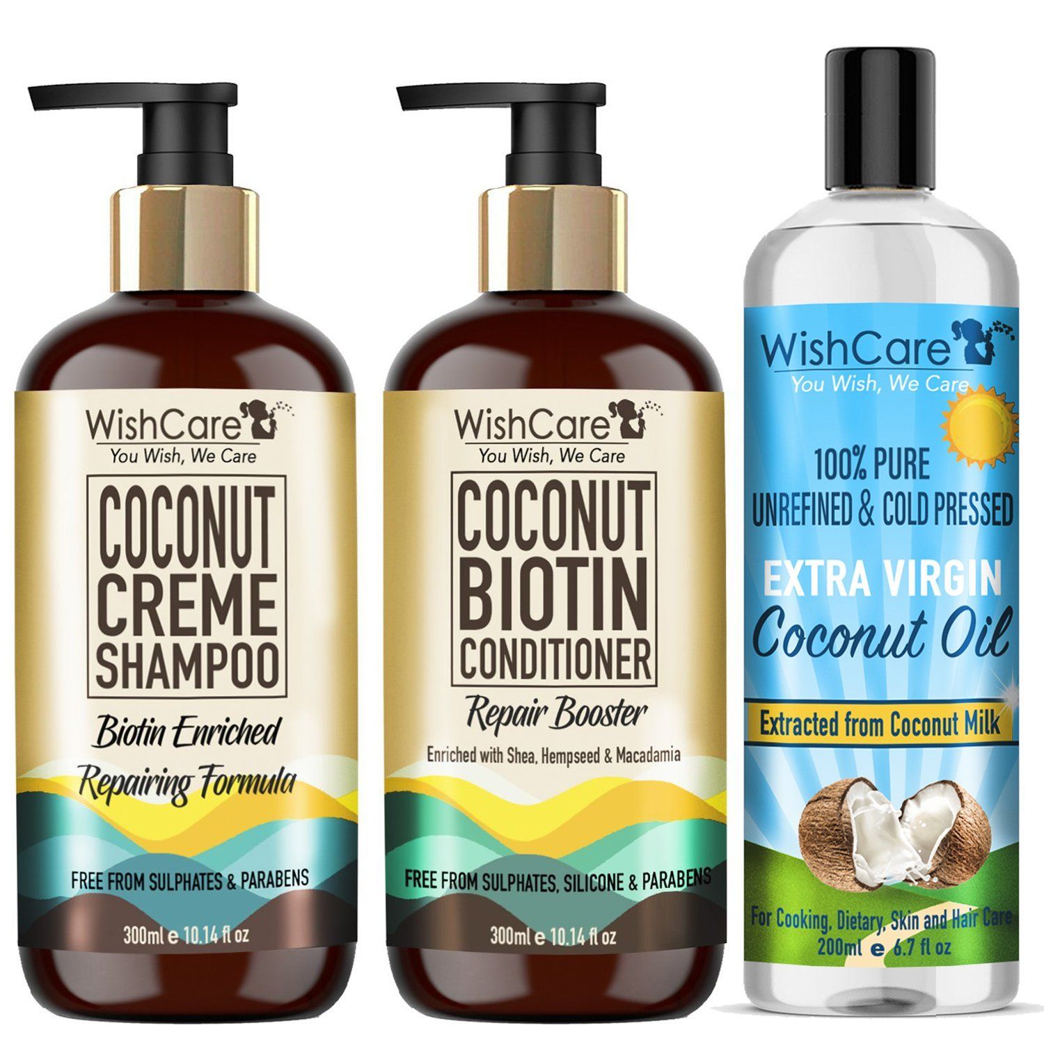 WishCare Coconut Biotin Hair Combo- Paraben And Sulphate Free Shampoo, Conditioner & Coconut Oil