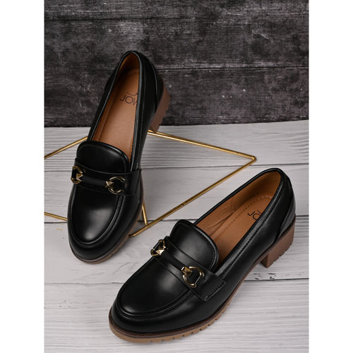 Jove Women Black Solid Block Heel Loafers (EURO 39)