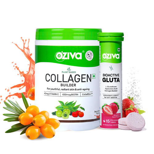 Oziva Plant Based Collagen Builder + Berry Orange & Bioactive Gluta Fizzy  Strawberry Tablets Reviews Online
