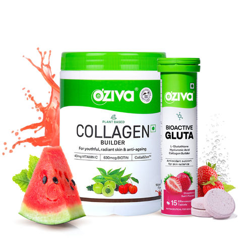 Buy Oziva Plant Based Collagen Builder + Watermelon & Bioactive Gluta Fizzy  Strawberry Tablets Online
