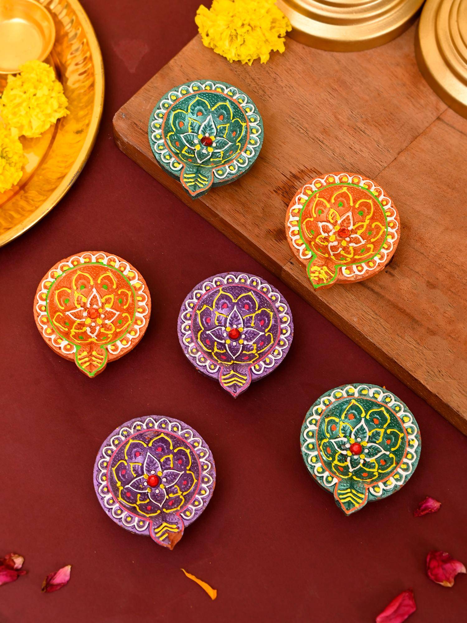 AAPNO RAJASTHAN Lotus Motif Terracotta Diyas (Pack of 6)