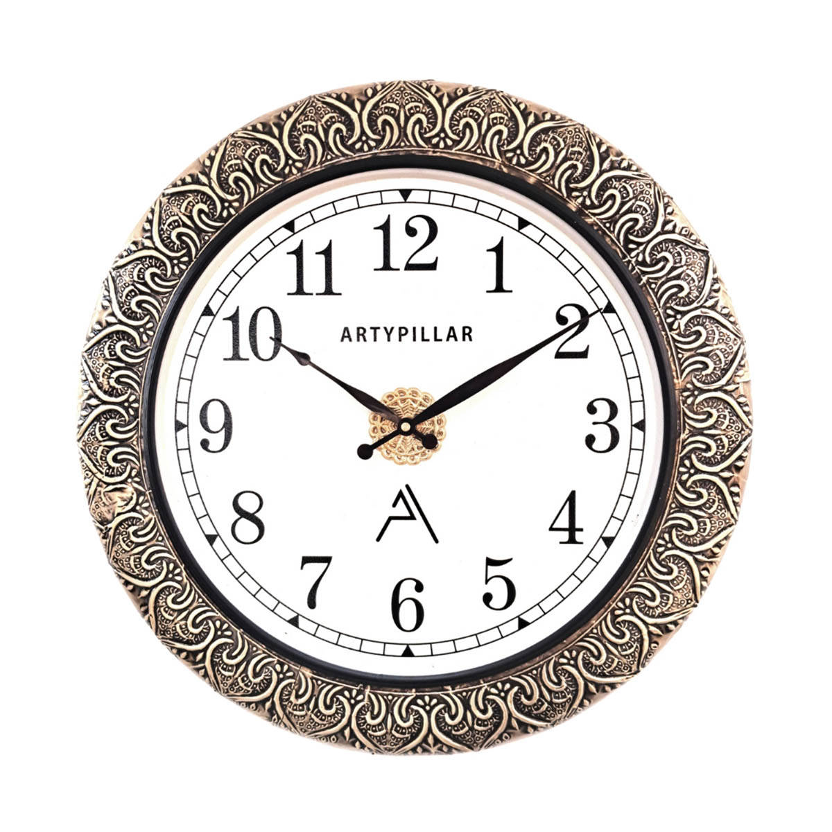 ARTYPILLAR 16In Wooden Frame with Full Brass Emboss Work and 12In Dome Glass Dial Wall Clock