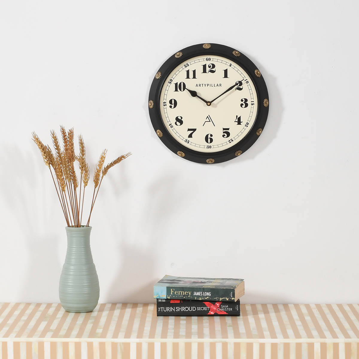 ARTYPILLAR 12In Wooden Frame with Brass Motifs and 10In Dome Glass Dial Wall Clock