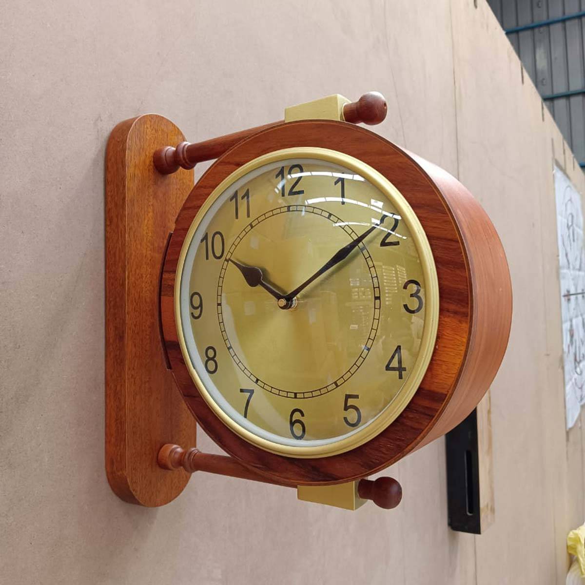 ARTYPILLAR Wooden Teak Veneer Design Station Clock with Solid Wooden Stand and Dome Glass Dial