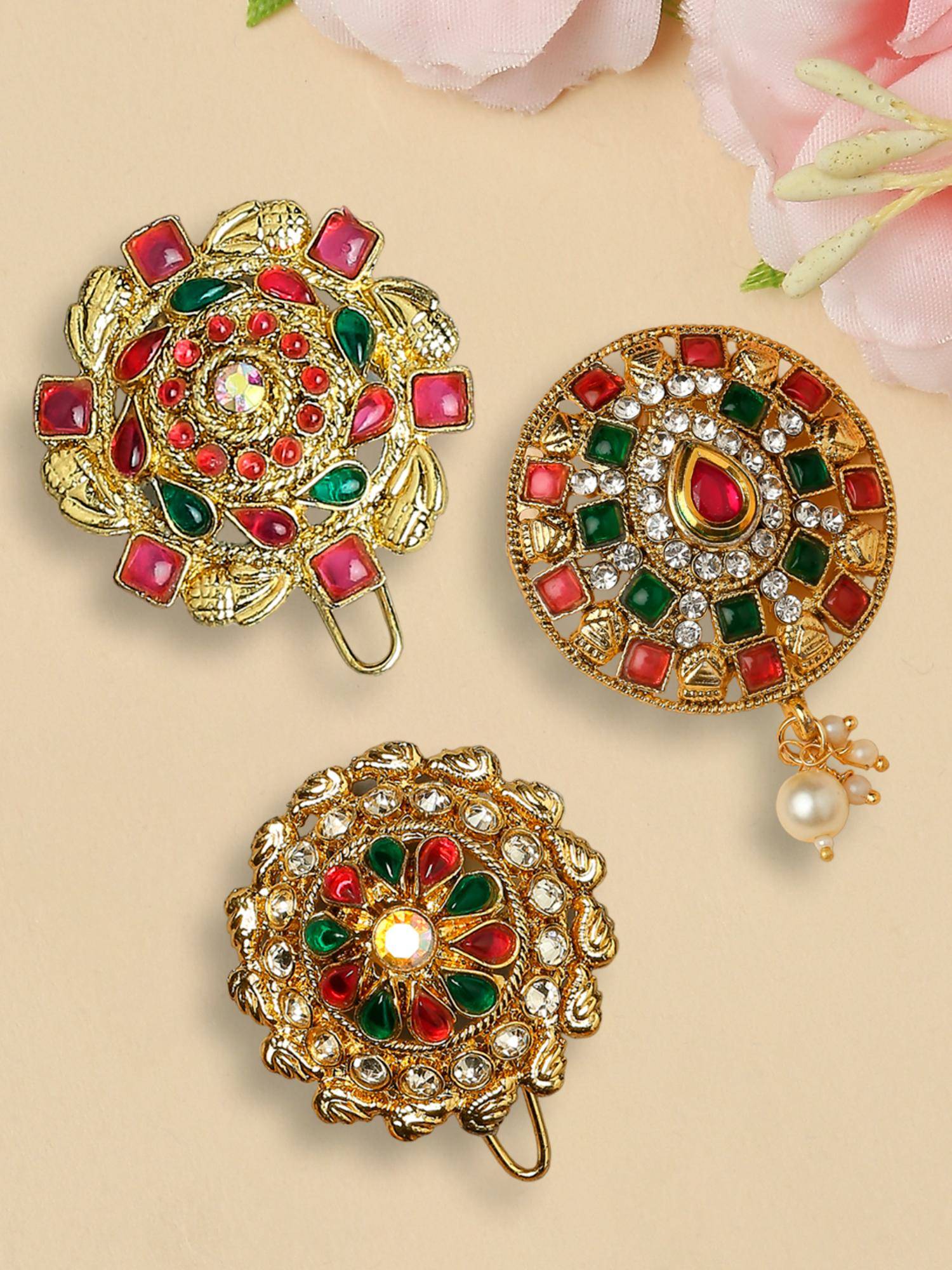 Fabula Multi-Color Stones Hair Bun Pin - Juda Pin For Women (Pack of 3)